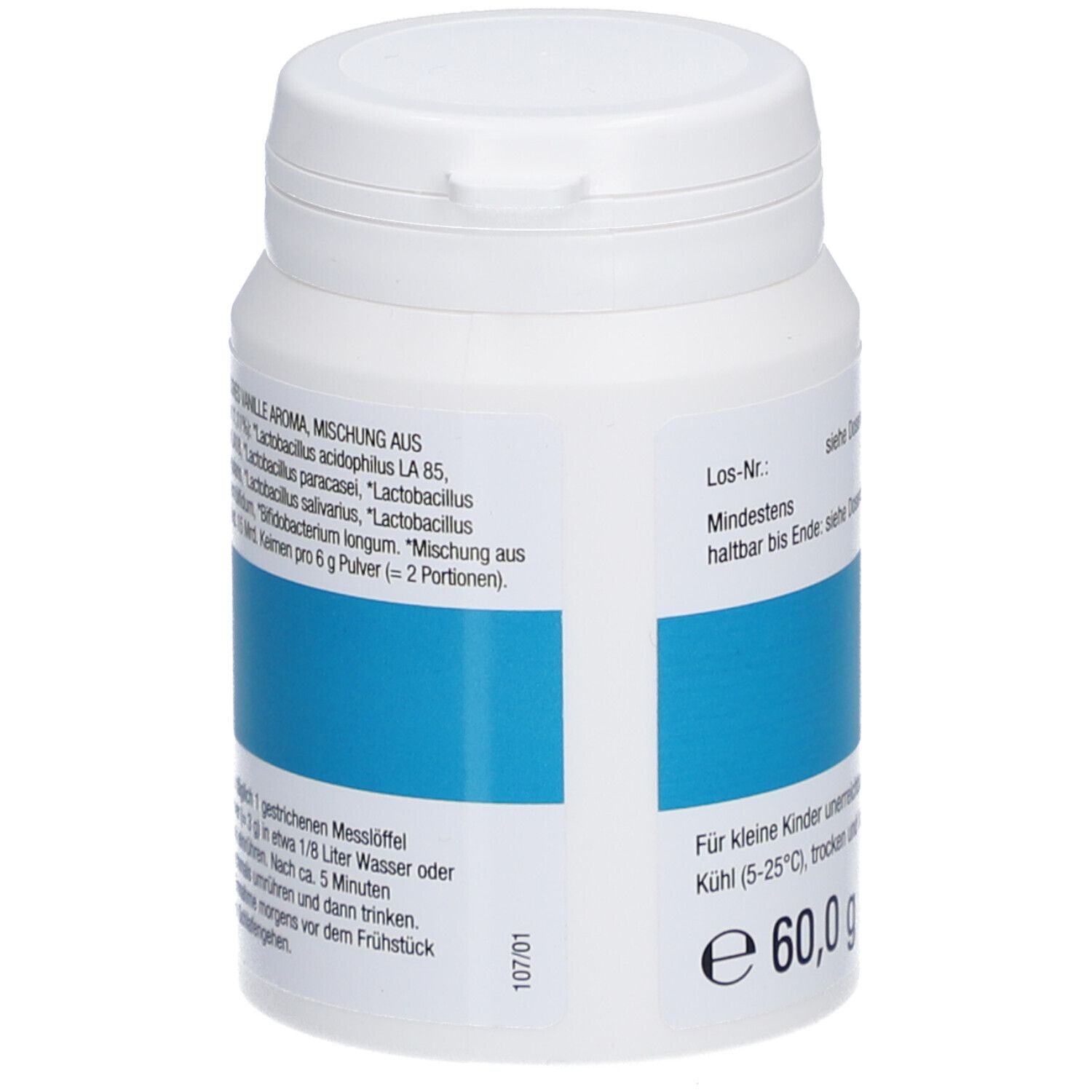 Weiße Dose mit blauem Streifen. Aufschrift: PROBIOTIC Anti-Stress Pulver. Enthält 60,0 g. Enthält Bakterienstämme.