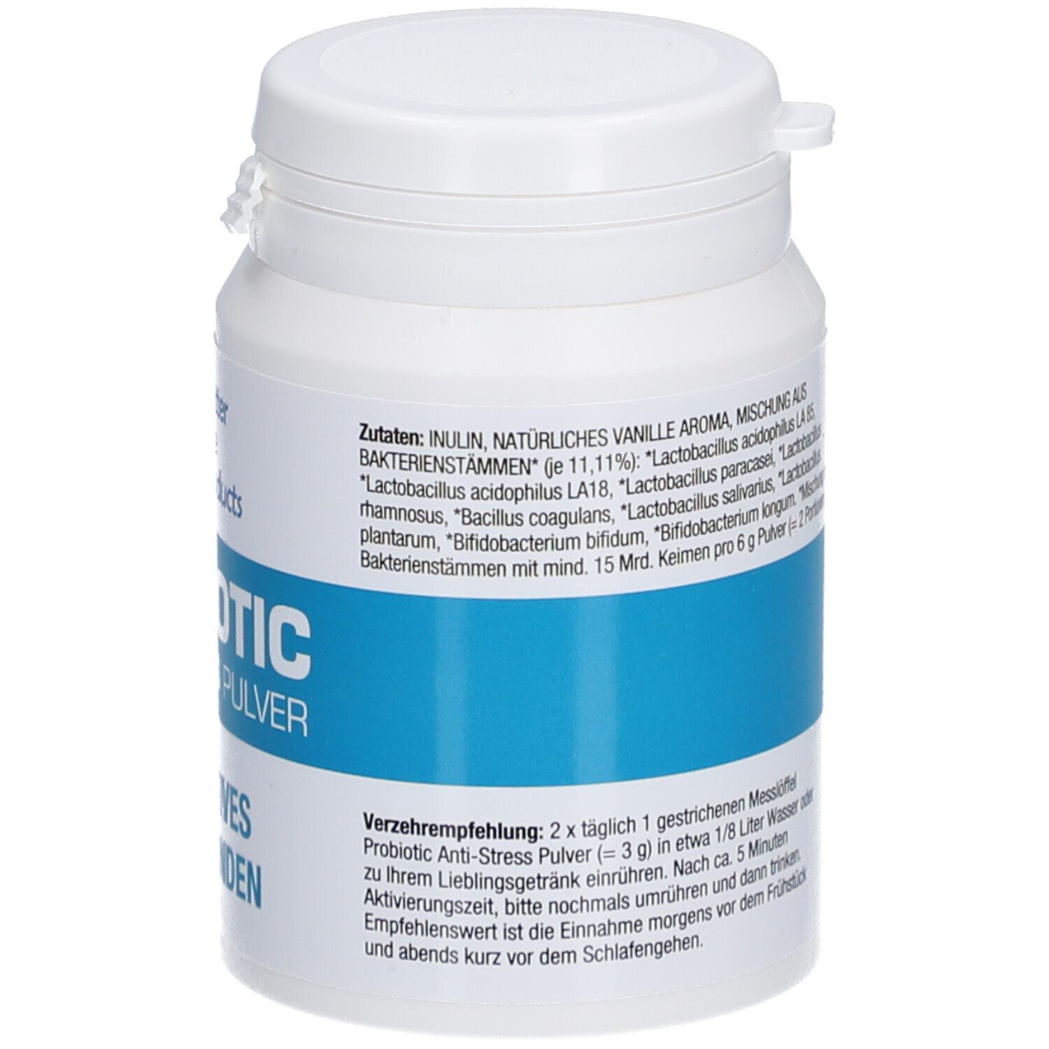 Weiße Dose mit blauem Streifen. Aufschrift: PROBIOTIC Anti-Stress Pulver. Enthält Bakterienstämme. Verzehrempfehlung.