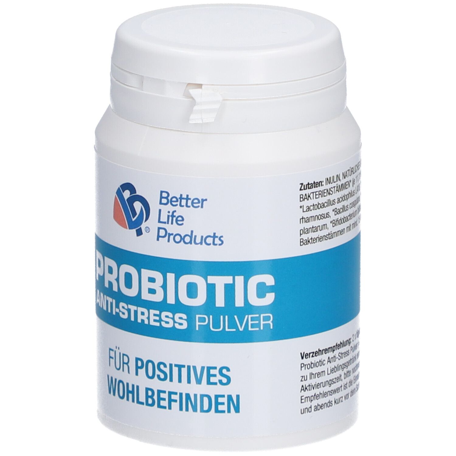 Weiße Dose mit blauem Streifen. Aufschrift: Better Life Products, PROBIOTIC Anti-Stress Pulver. Für positives Wohlbefinden.