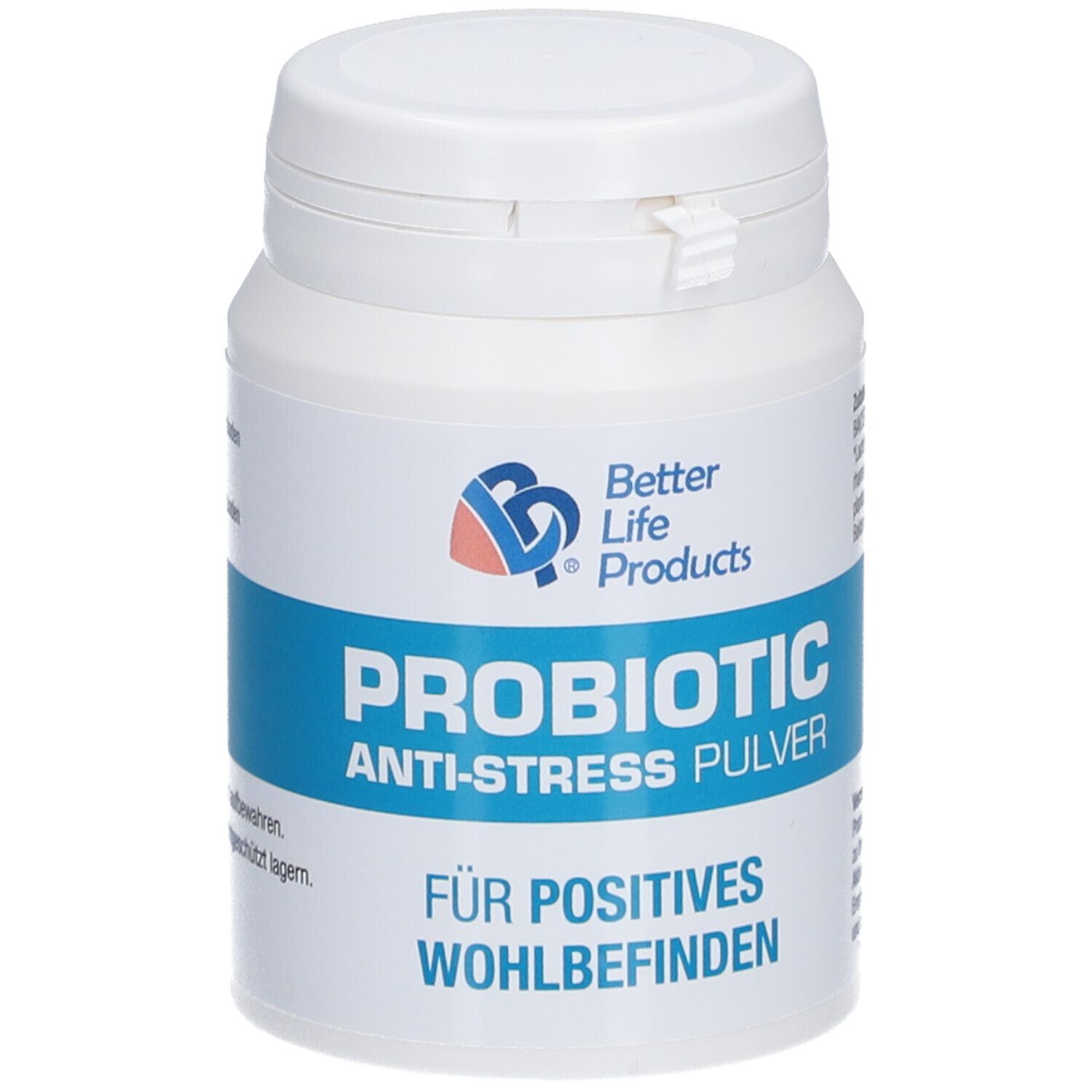 Weiße Dose mit blauem Streifen. Aufschrift: Better Life Products, PROBIOTIC Anti-Stress Pulver. Für positives Wohlbefinden.
