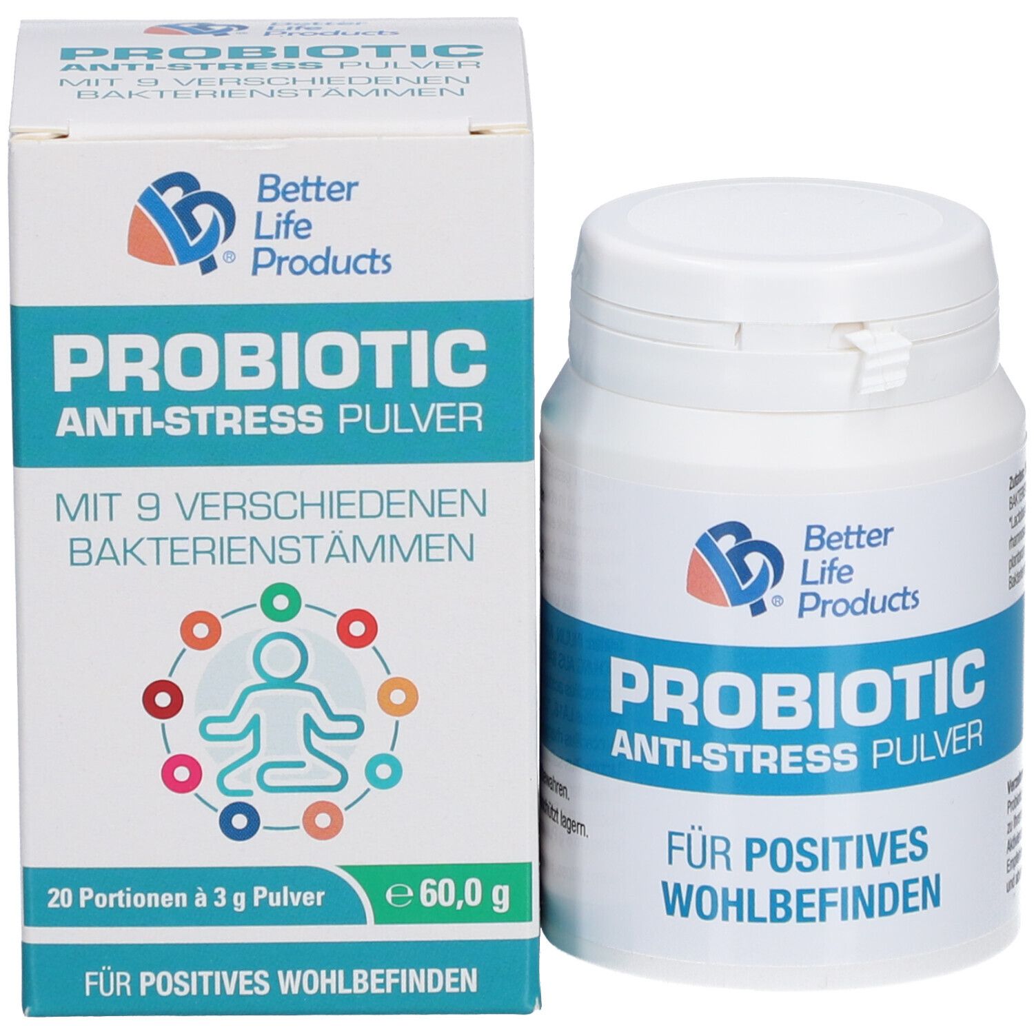 Produktpackung und Dose. Aufschrift: Better Life Products, PROBIOTIC Anti-Stress Pulver. 20 Portionen à 3 g.
