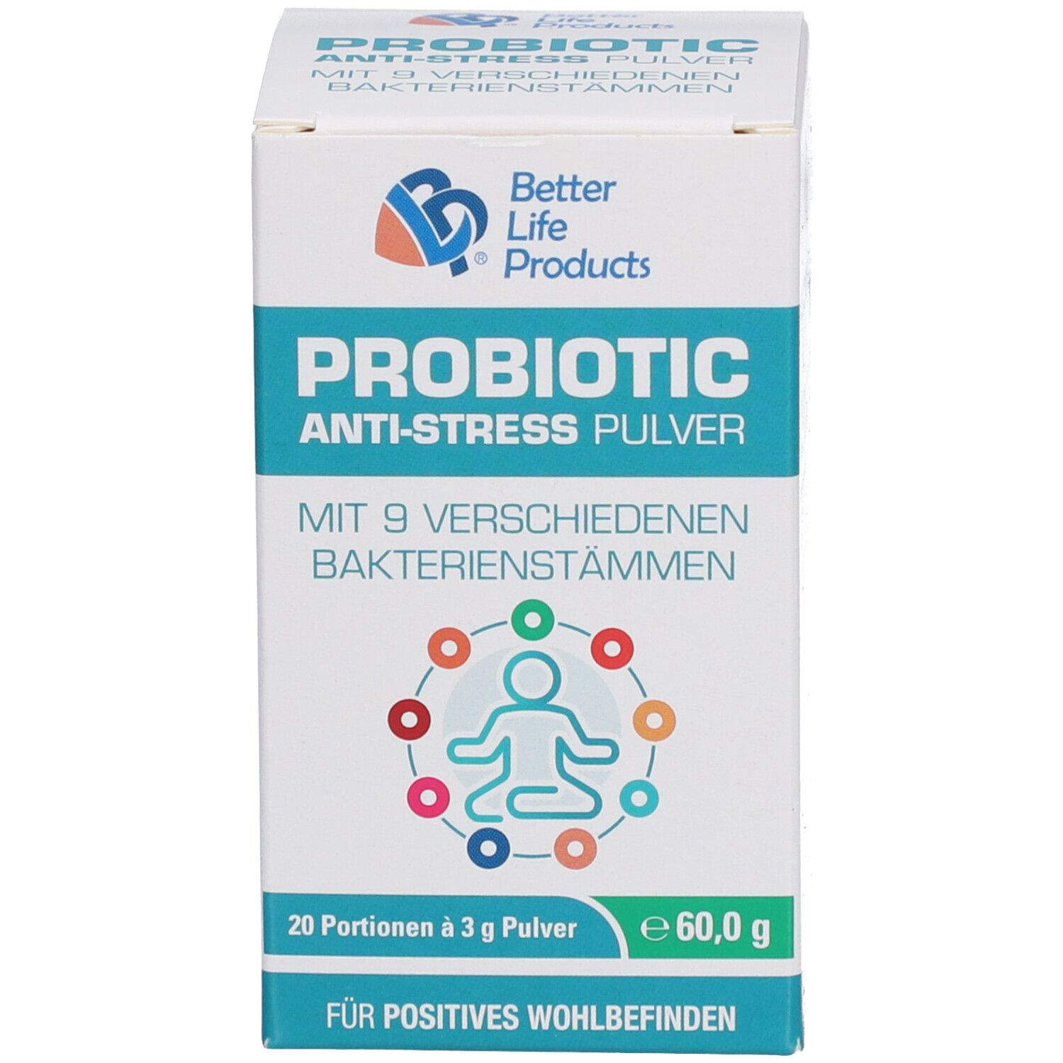 Produktpackung. Aufschrift: Better Life Products, PROBIOTIC Anti-Stress Pulver. 20 Portionen à 3 g. Mit 9 Bakterienstämmen.