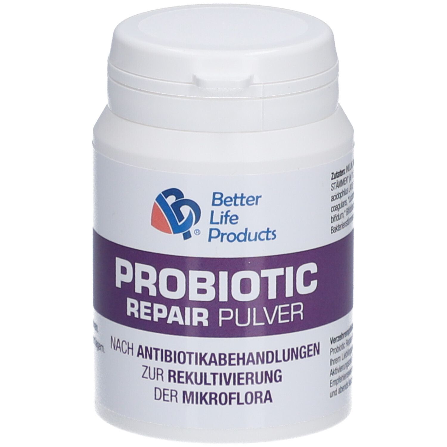Weiße Dose mit Deckel. Aufschrift: Better Life Products, Probiotic Repair Pulver. Lila Band mit Text.