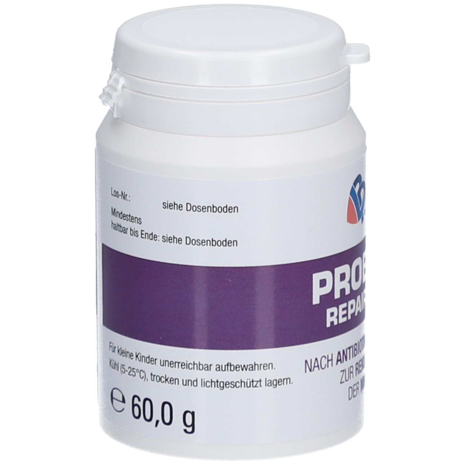Weiße Dose mit Deckel. Aufschrift: Probiotic Repair Pulver. Lila Band mit Text. 60,0 g.
