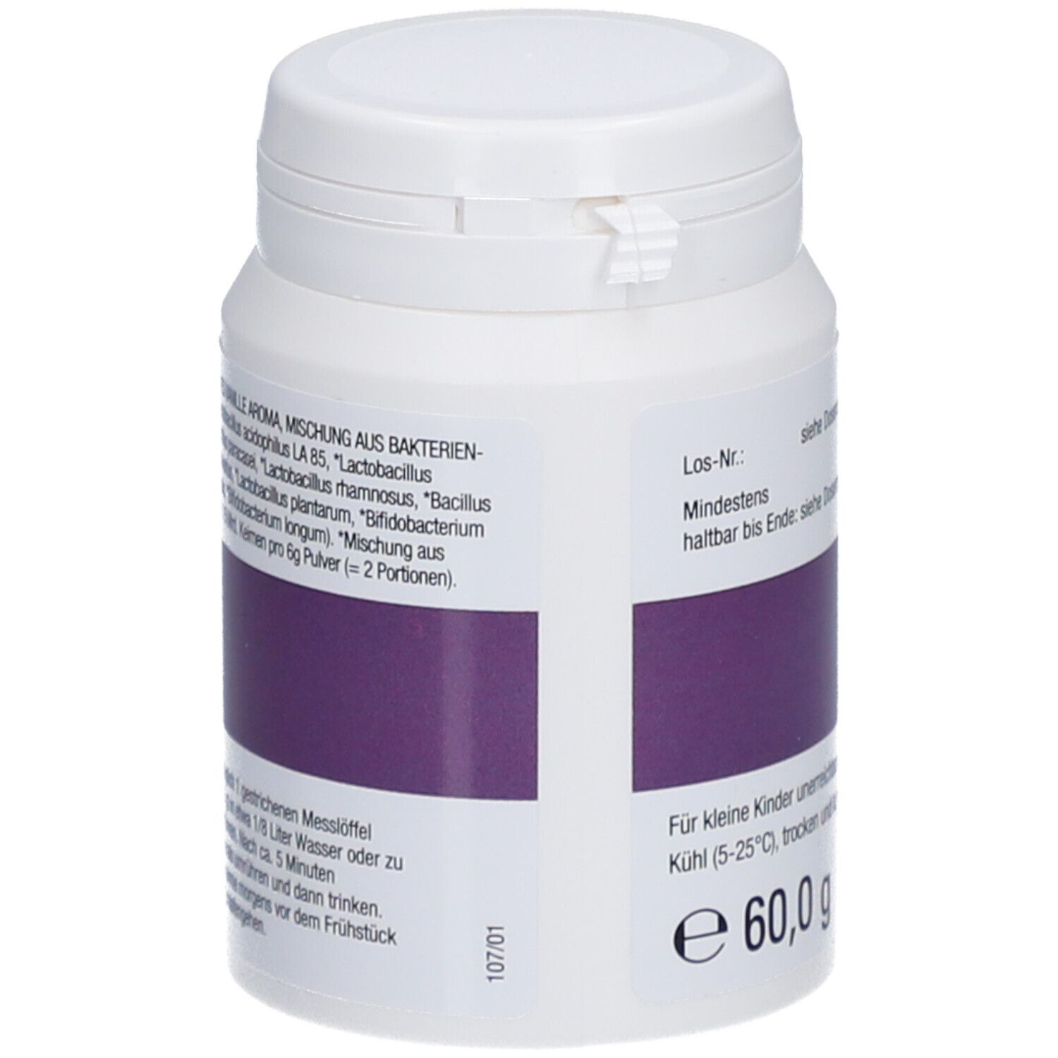 Weiße Dose mit Deckel. Aufschrift: Probiotic Repair Pulver. Lila Band mit Text. 60,0 g. Zutatenliste.