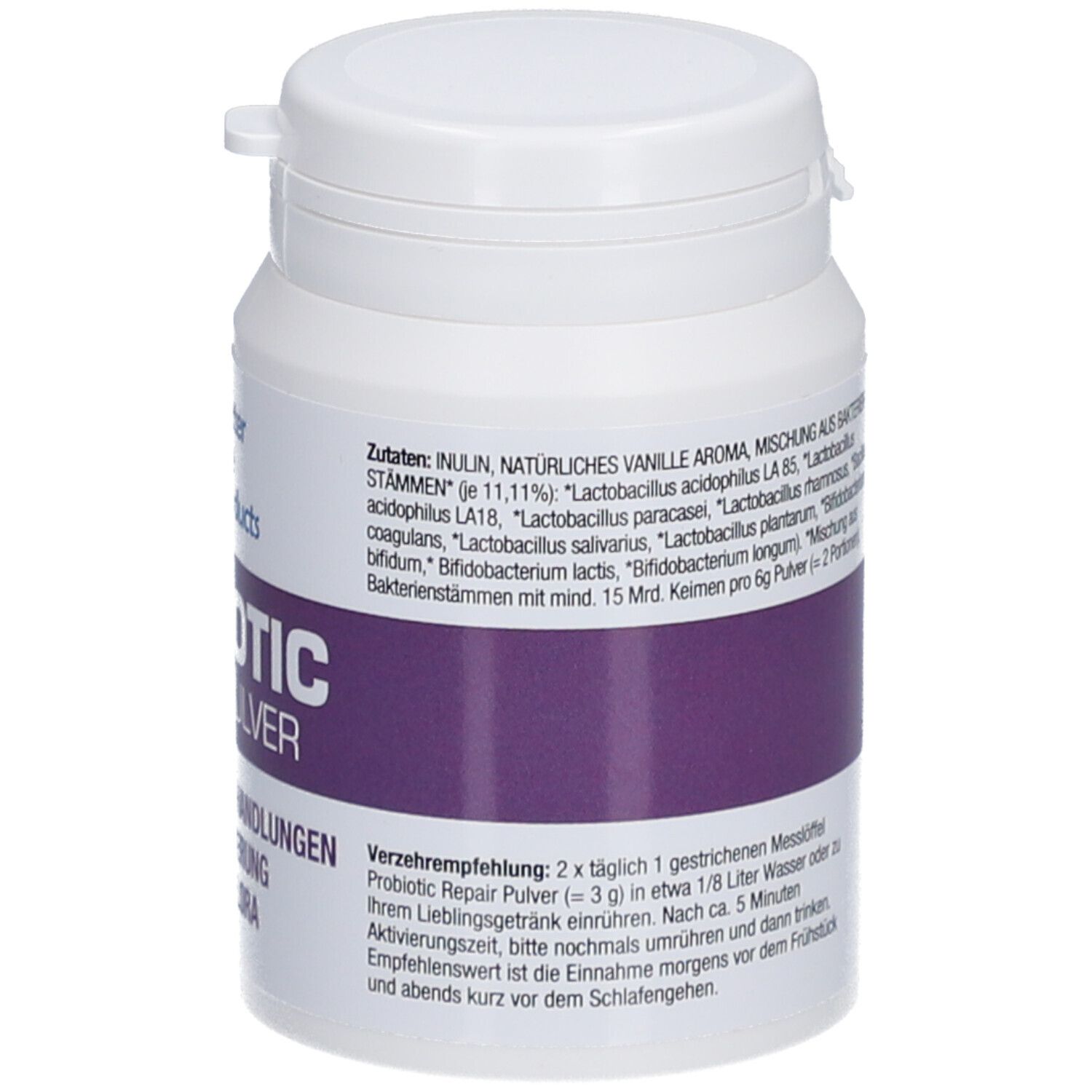 Weiße Dose mit Deckel. Aufschrift: Probiotic Repair Pulver. Lila Band mit Text. 60,0 g. Verzehrempfehlung.