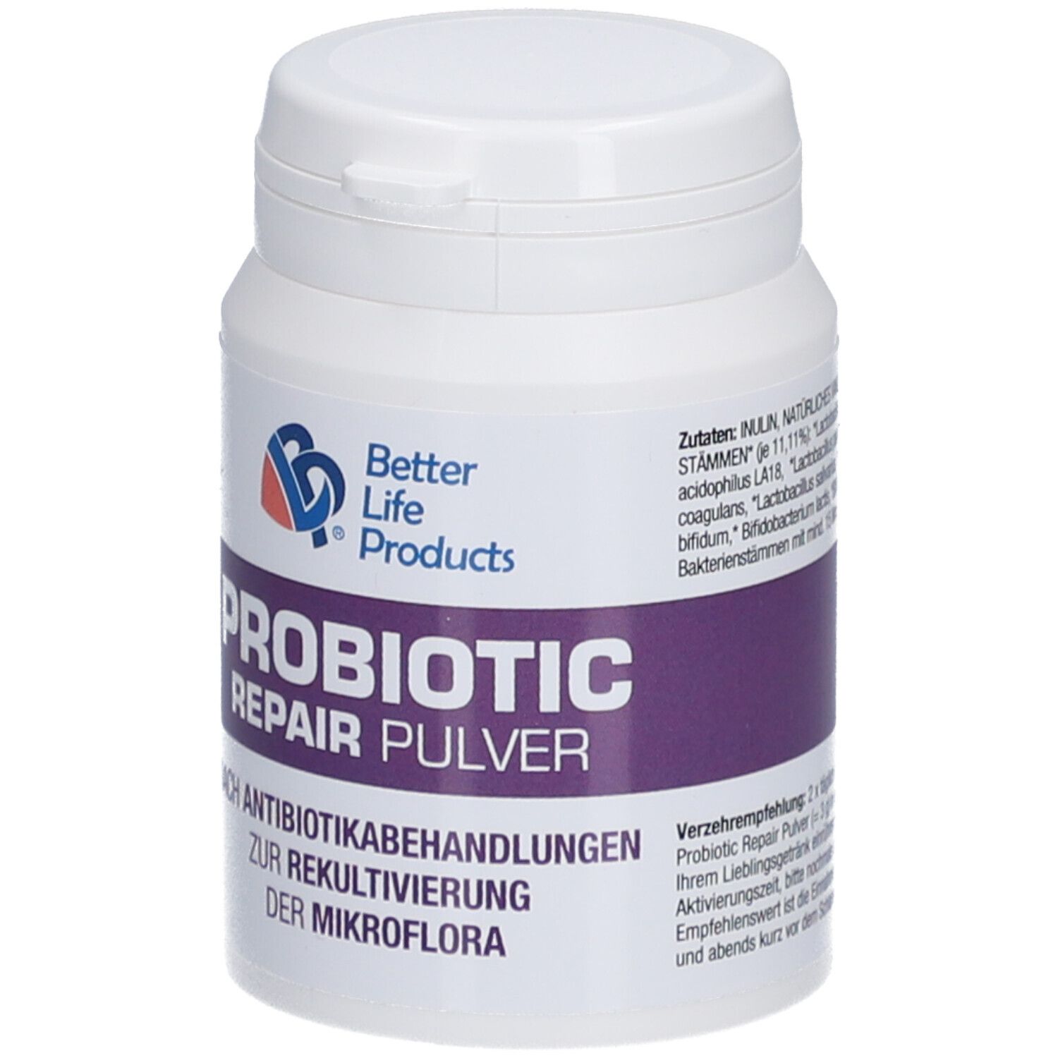 Weiße Dose mit Deckel. Aufschrift: Better Life Products, Probiotic Repair Pulver. Lila Band mit Text.