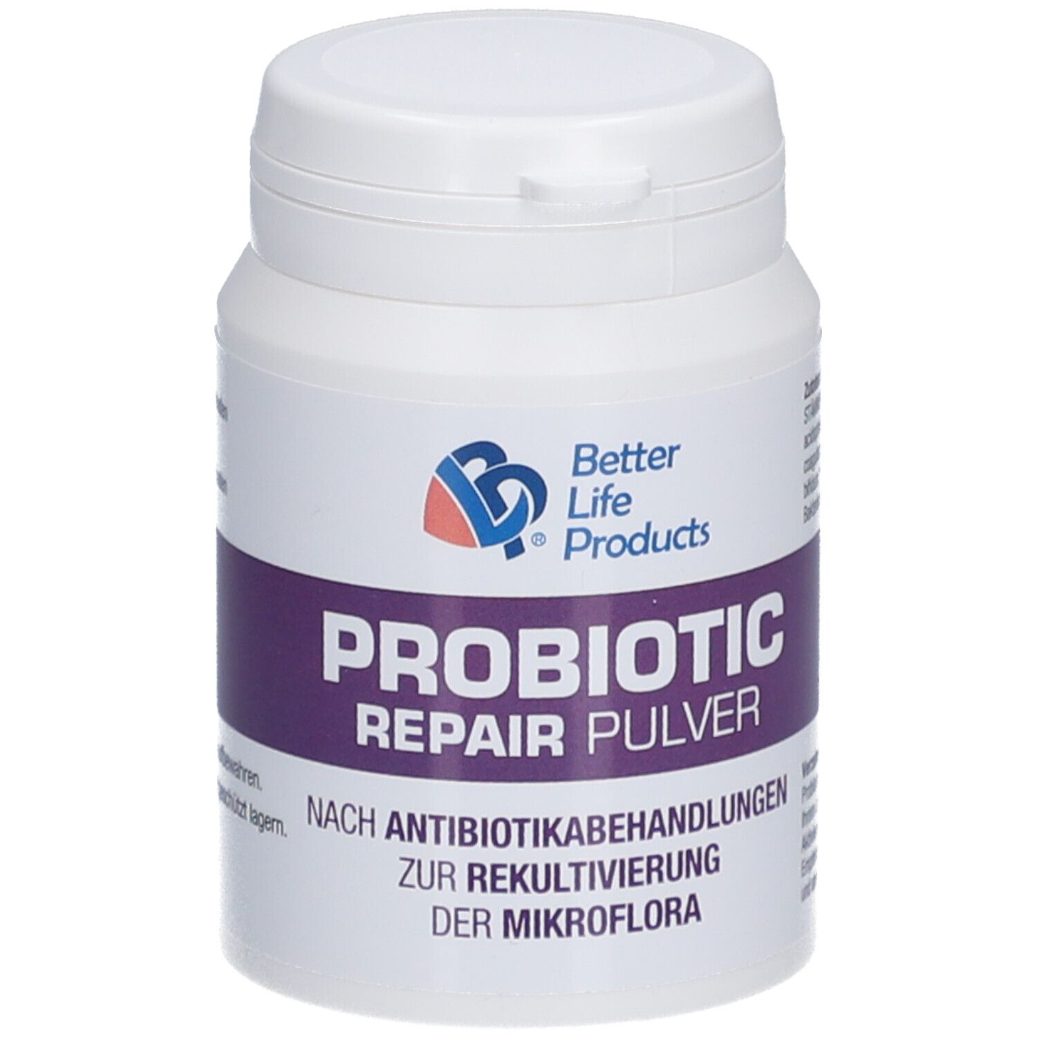 Weiße Dose mit Deckel. Aufschrift: Better Life Products, Probiotic Repair Pulver. Lila Band mit Text.