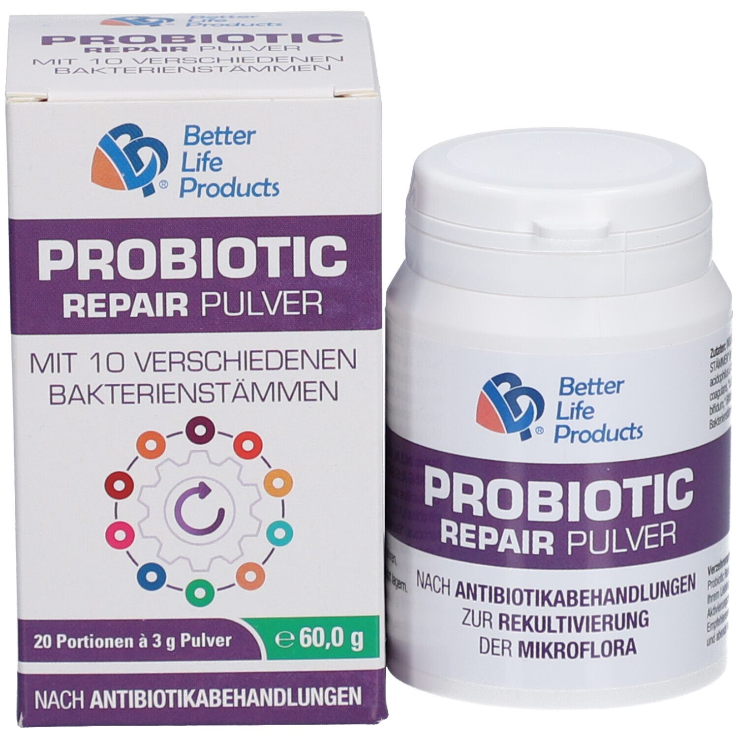 Produkt und Verpackung. Dose und Schachtel. Aufschrift: Better Life Products, Probiotic Repair Pulver.