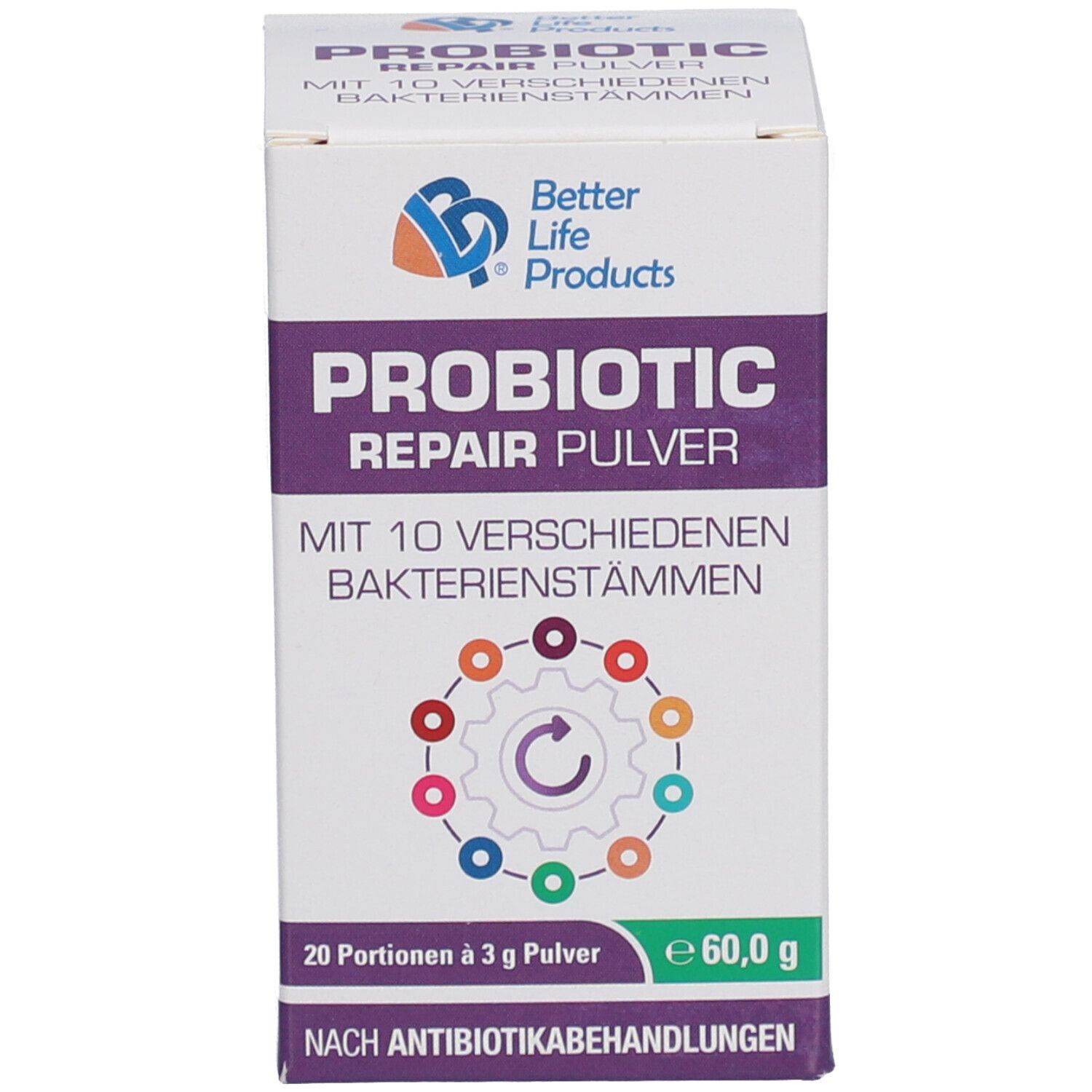 Produkt und Verpackung. Schachtel. Aufschrift: Better Life Products, Probiotic Repair Pulver. 20 Portionen.