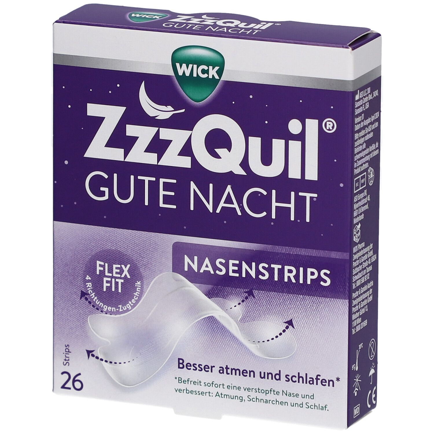 Verpackung von WICK ZzzQuil Gute Nacht Nasenstrips. 26 Strips. Flex Fit. Verbessert Atmung und Schlaf.