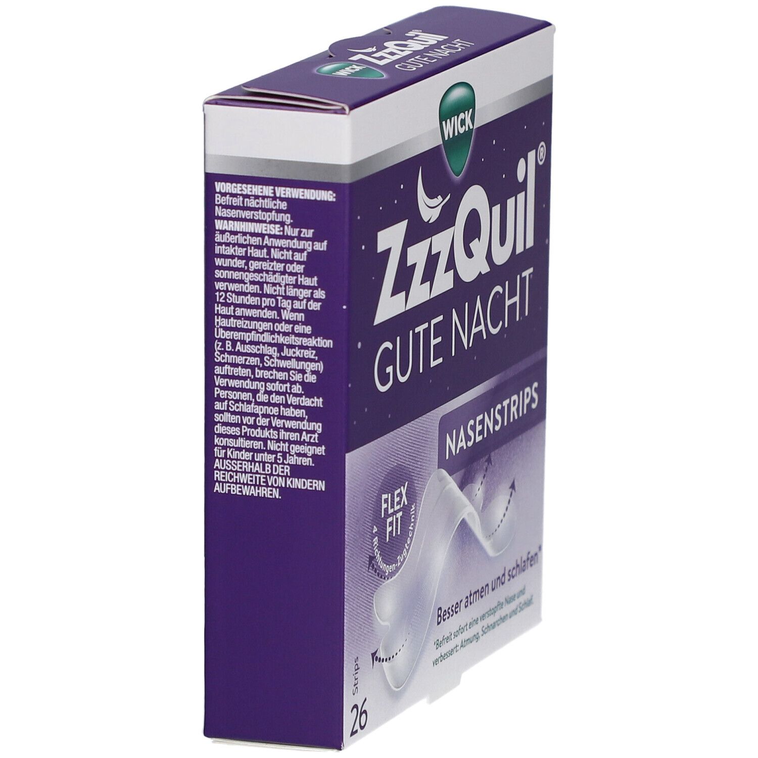 Schrägansicht der Verpackung von WICK ZzzQuil Gute Nacht Nasenstrips. 26 Strips. Flex Fit.