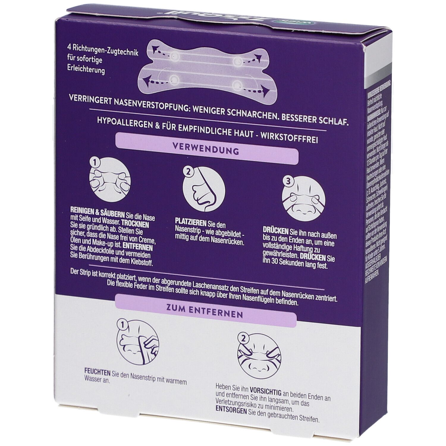 Rückseite der Verpackung von WICK ZzzQuil Gute Nacht Nasenstrips. Anwendungshinweise und Informationen.