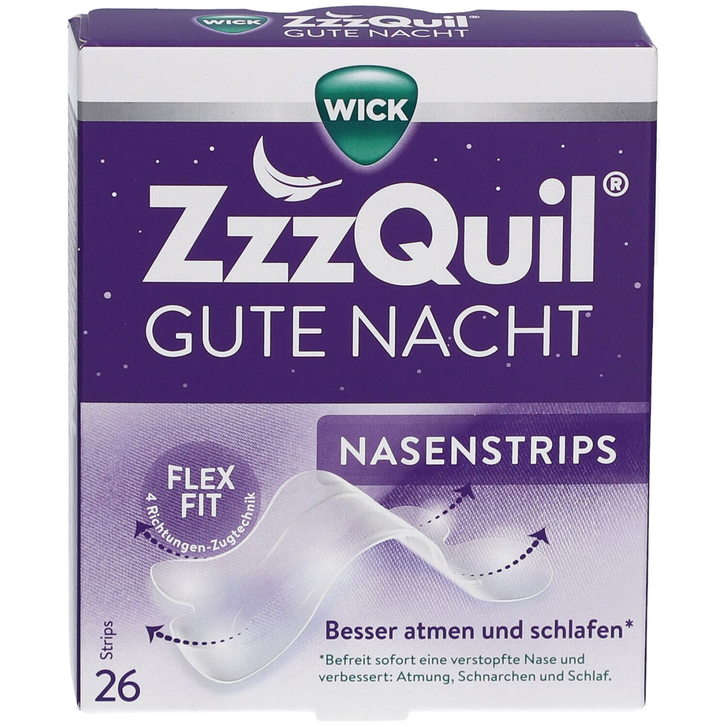Verpackung von WICK ZzzQuil Gute Nacht Nasenstrips. 26 Strips. Flex Fit. Verbessert Atmung und Schlaf.