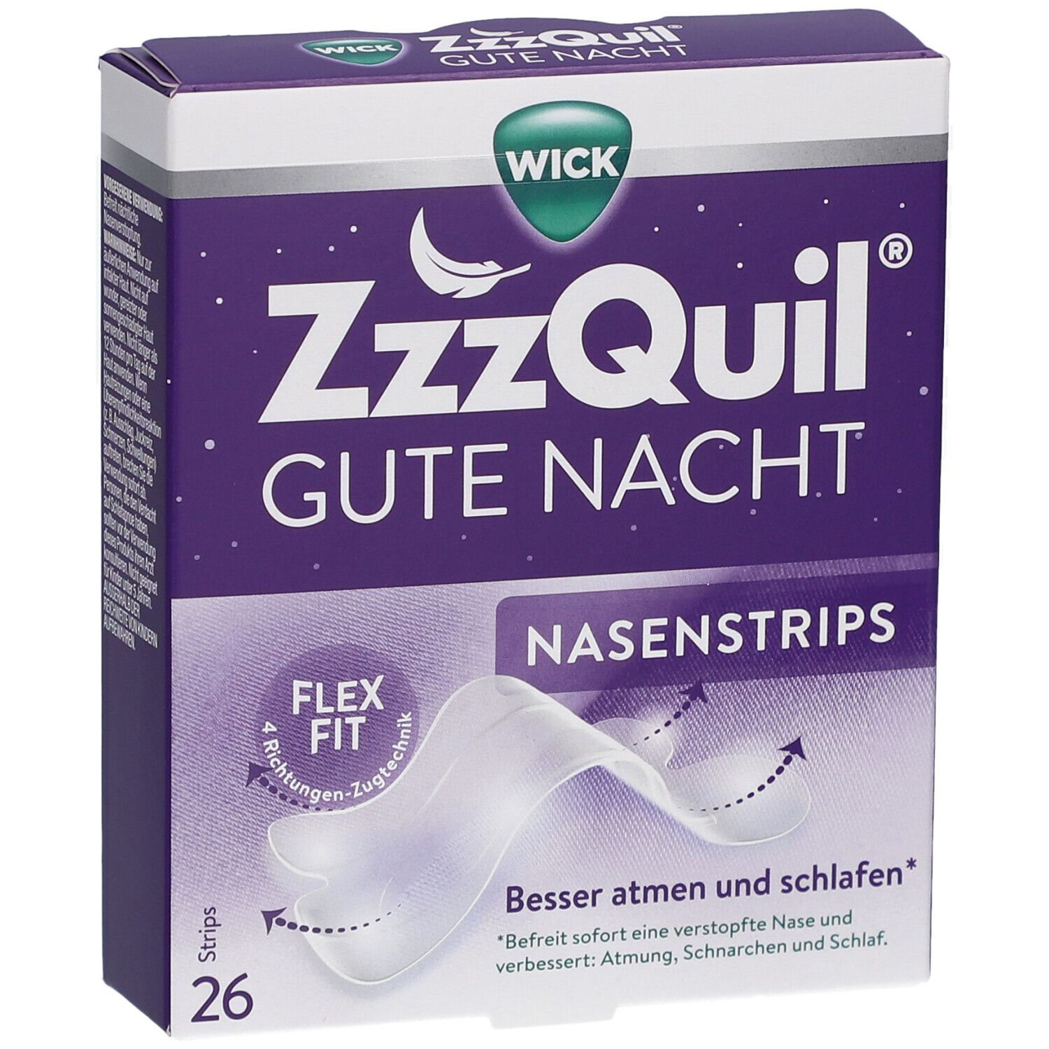 Verpackung von WICK ZzzQuil Gute Nacht Nasenstrips. 26 Strips. Flex Fit. Verbessert Atmung und Schlaf.