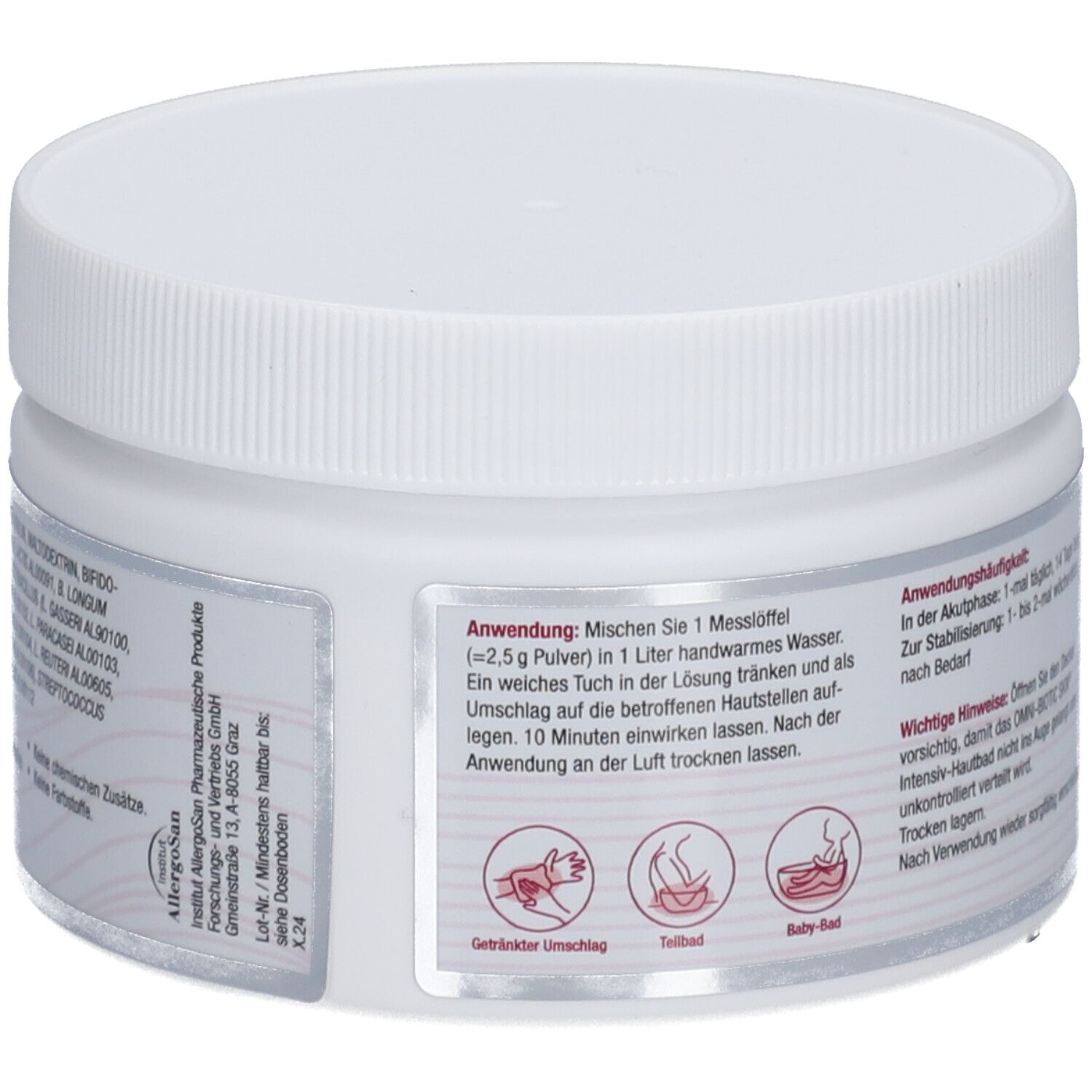 Weißer Tiegel mit Schraubverschluss. Aufschrift OMNi-BiOTiC SKIN Intensiv-Hautbad. Rückseite mit Text und Logos.