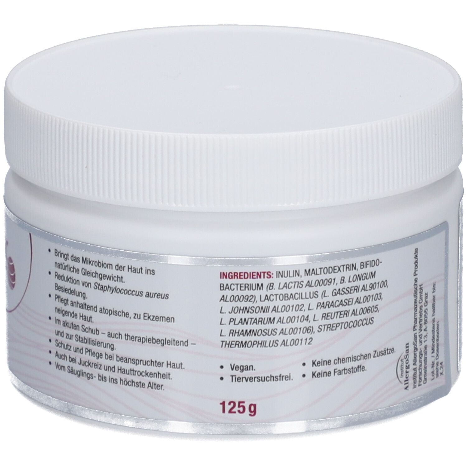 Weißer Tiegel mit Schraubverschluss. Aufschrift OMNi-BiOTiC SKIN Intensiv-Hautbad. Rückseite mit Text und Logos.