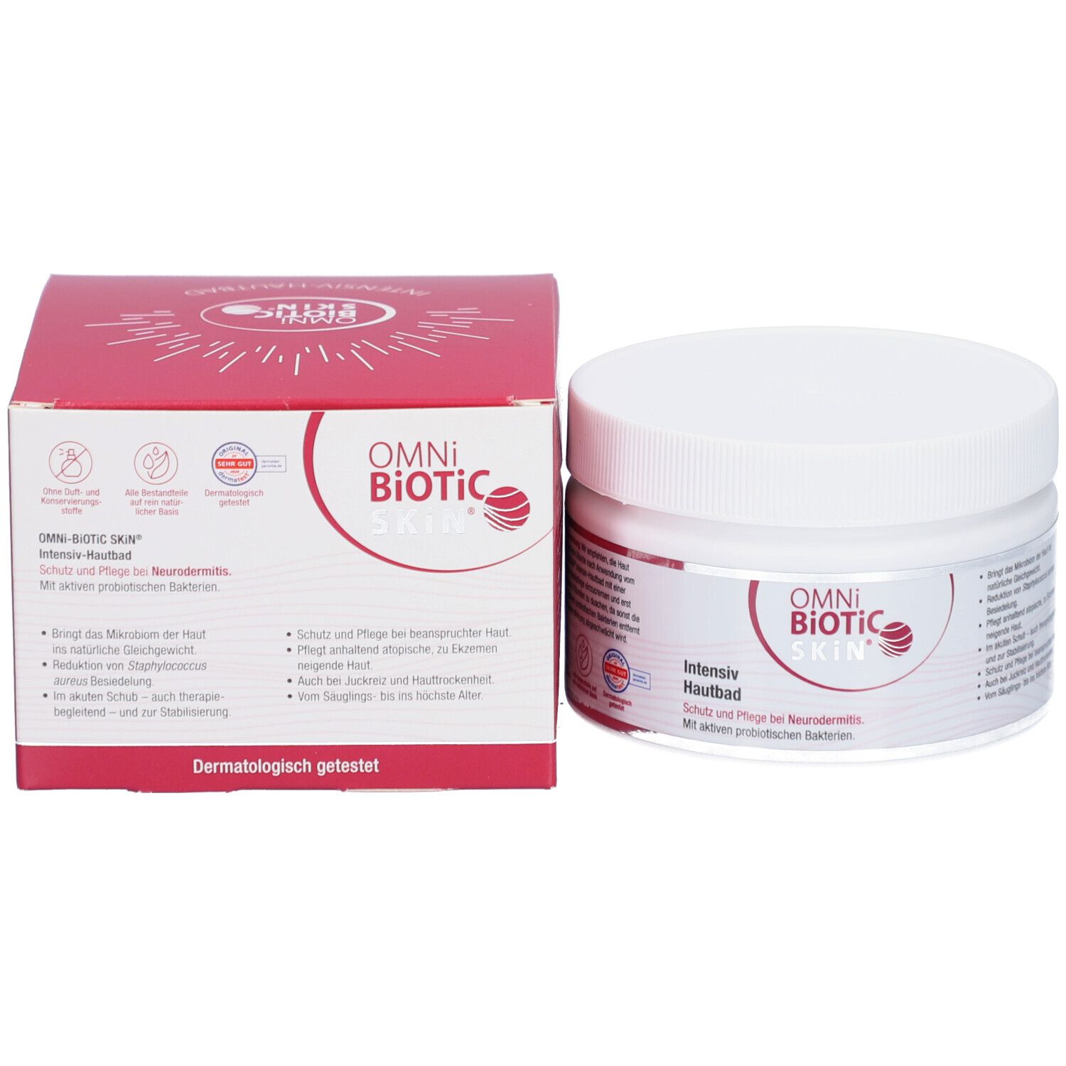 Produktverpackung: Tiegel und Karton. Aufschrift OMNi-BiOTiC SKIN Intensiv-Hautbad. Logos und Text.