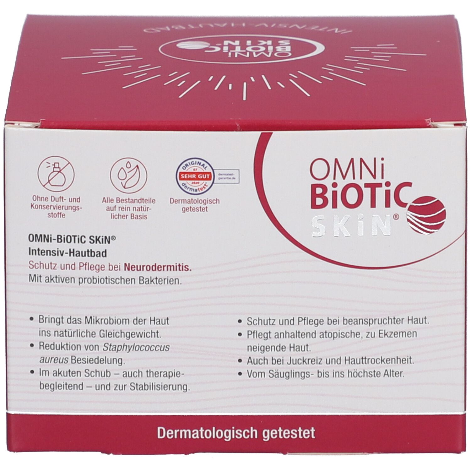 Produktverpackung: Karton. Aufschrift OMNi-BiOTiC SKIN Intensiv-Hautbad. Logos und Text.
