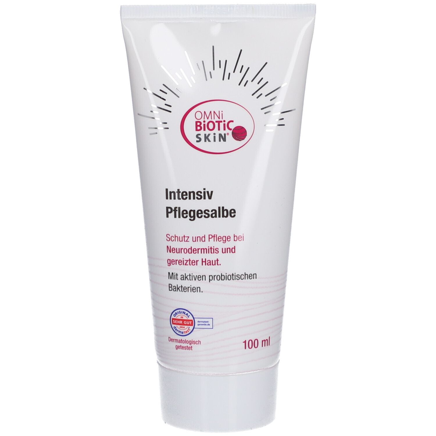 Creme-Tube mit Produktnamen und Logo. Text: Intensiv Pflegesalbe. 100 ml. Dermatologisch getestet.