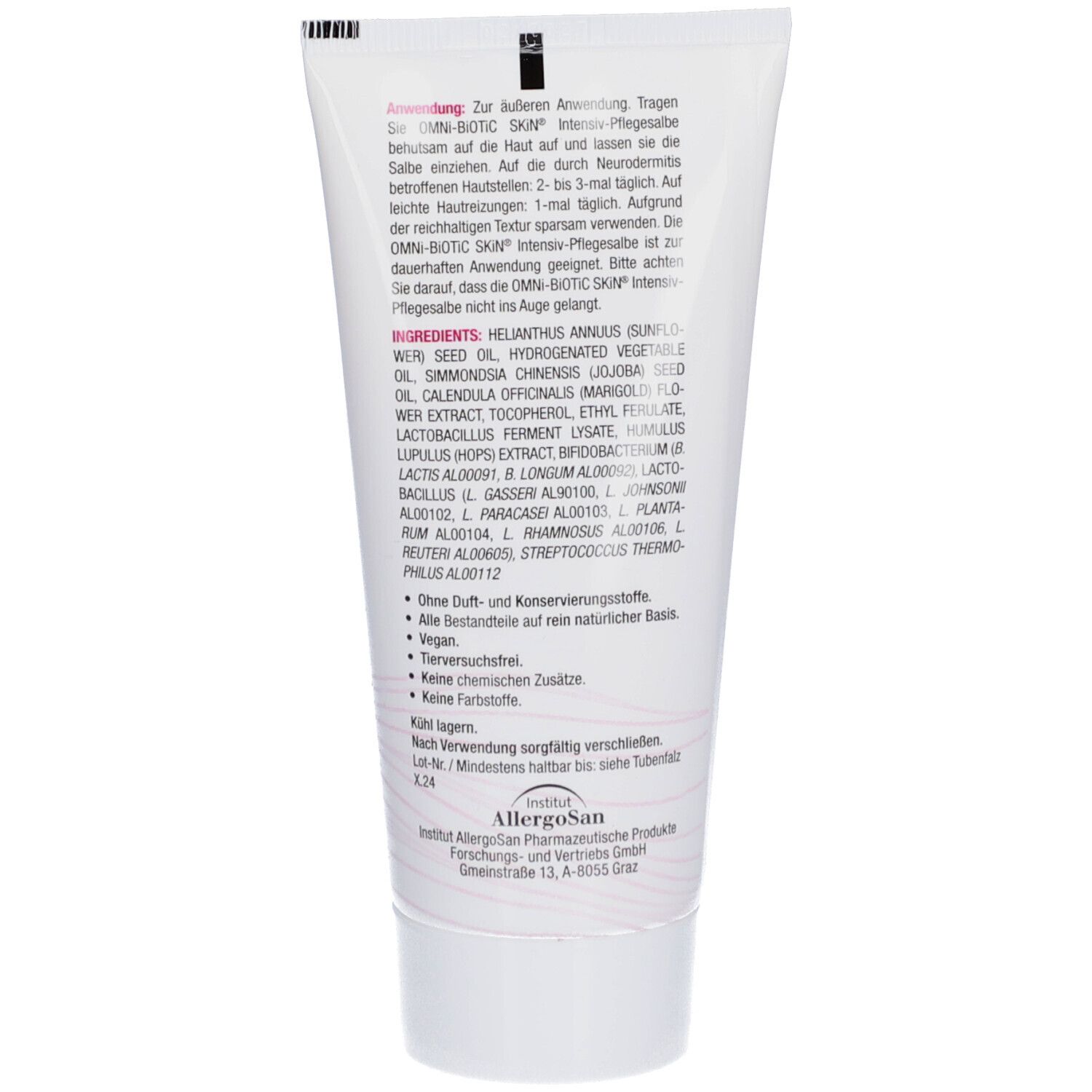 Rückseite der Creme-Tube. Text: Anwendung, Inhaltsstoffe, Hinweise. Logo: Allergosan.