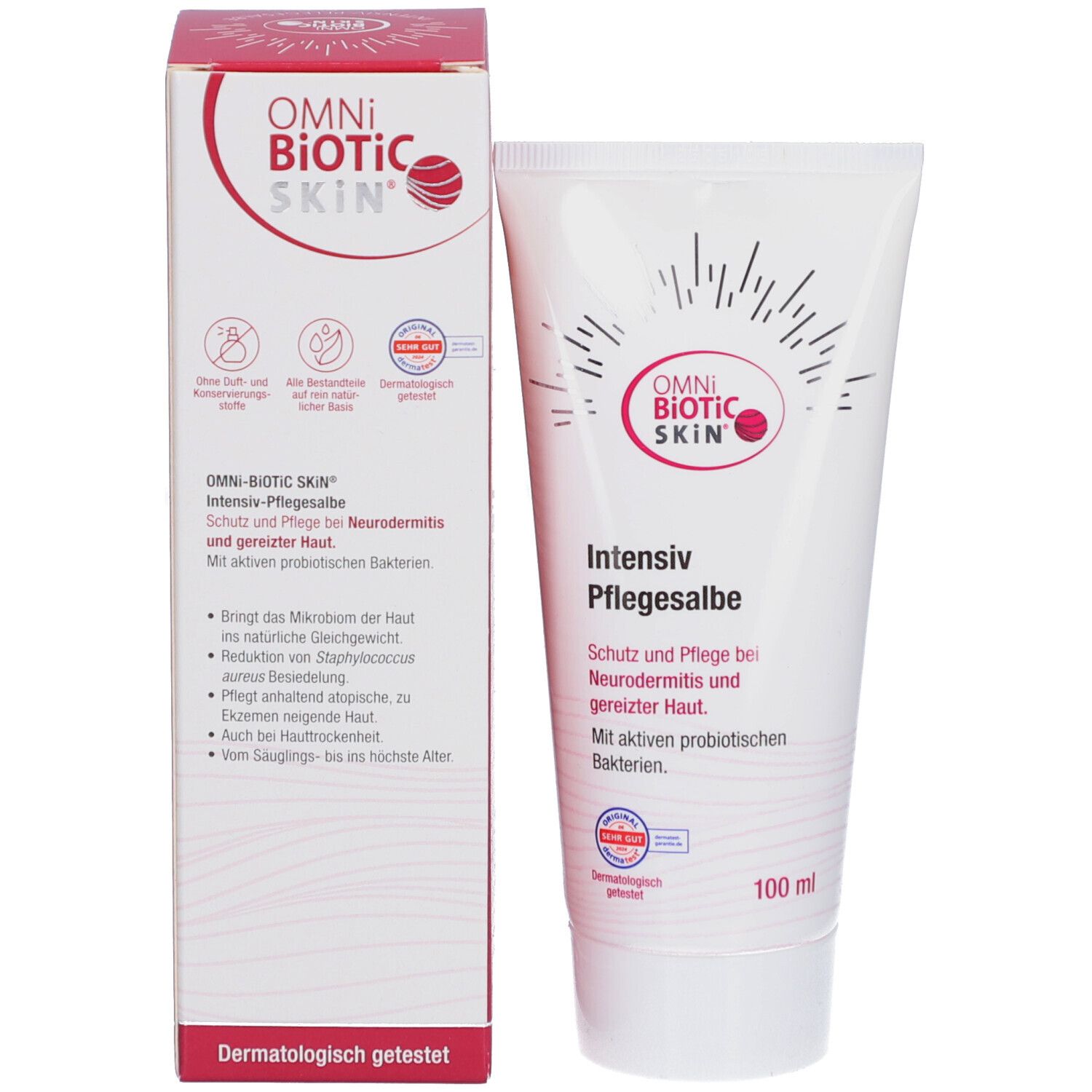 Produkt-Tube und Verpackung. Text: OMNi-BiOTiC SKIN Intensiv-Pflegesalbe. Dermatologisch getestet. 100 ml.