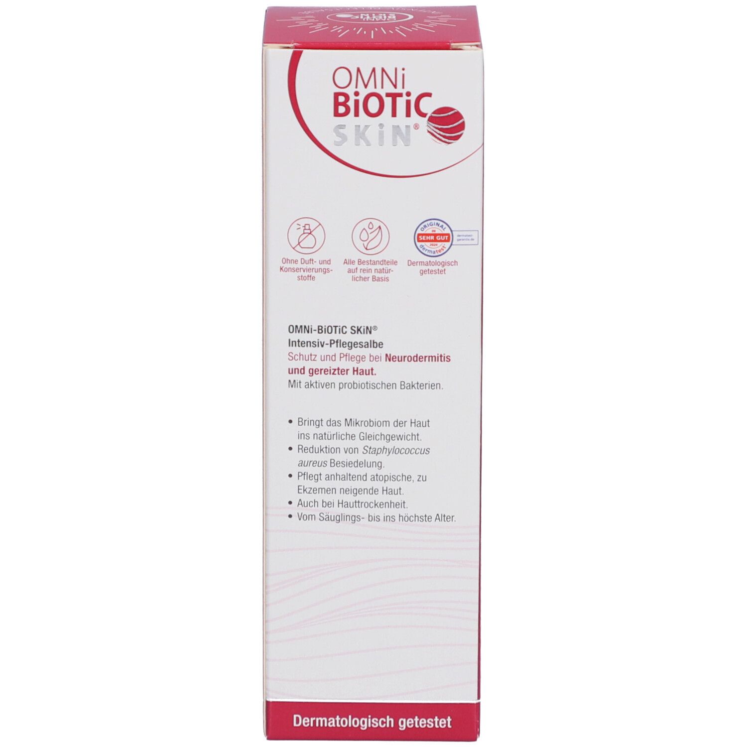 Verpackung. Text: OMNi-BiOTiC SKIN Intensiv-Pflegesalbe. Dermatologisch getestet. Produktbeschreibung.
