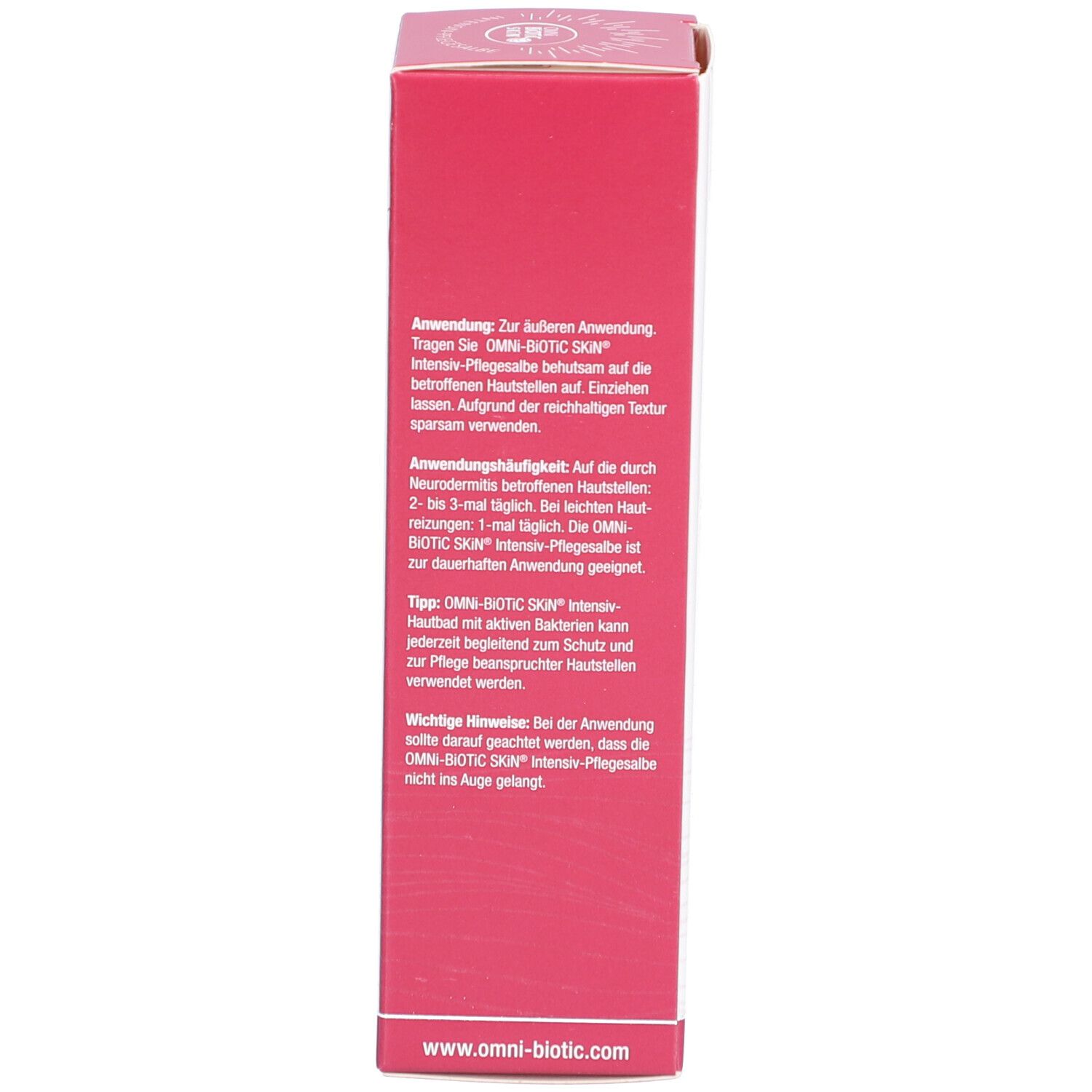 Verpackung. Text: Anwendungshinweise für OMNi-BiOTiC SKIN Intensiv-Pflegesalbe. www.omni-biotic.com