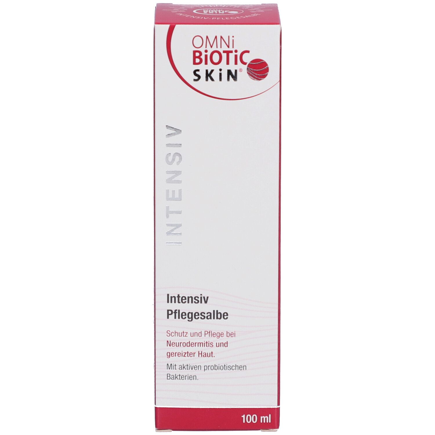 Verpackung. Text: OMNi-BiOTiC SKIN Intensiv Pflegesalbe. 100 ml. Logo und Produktname.