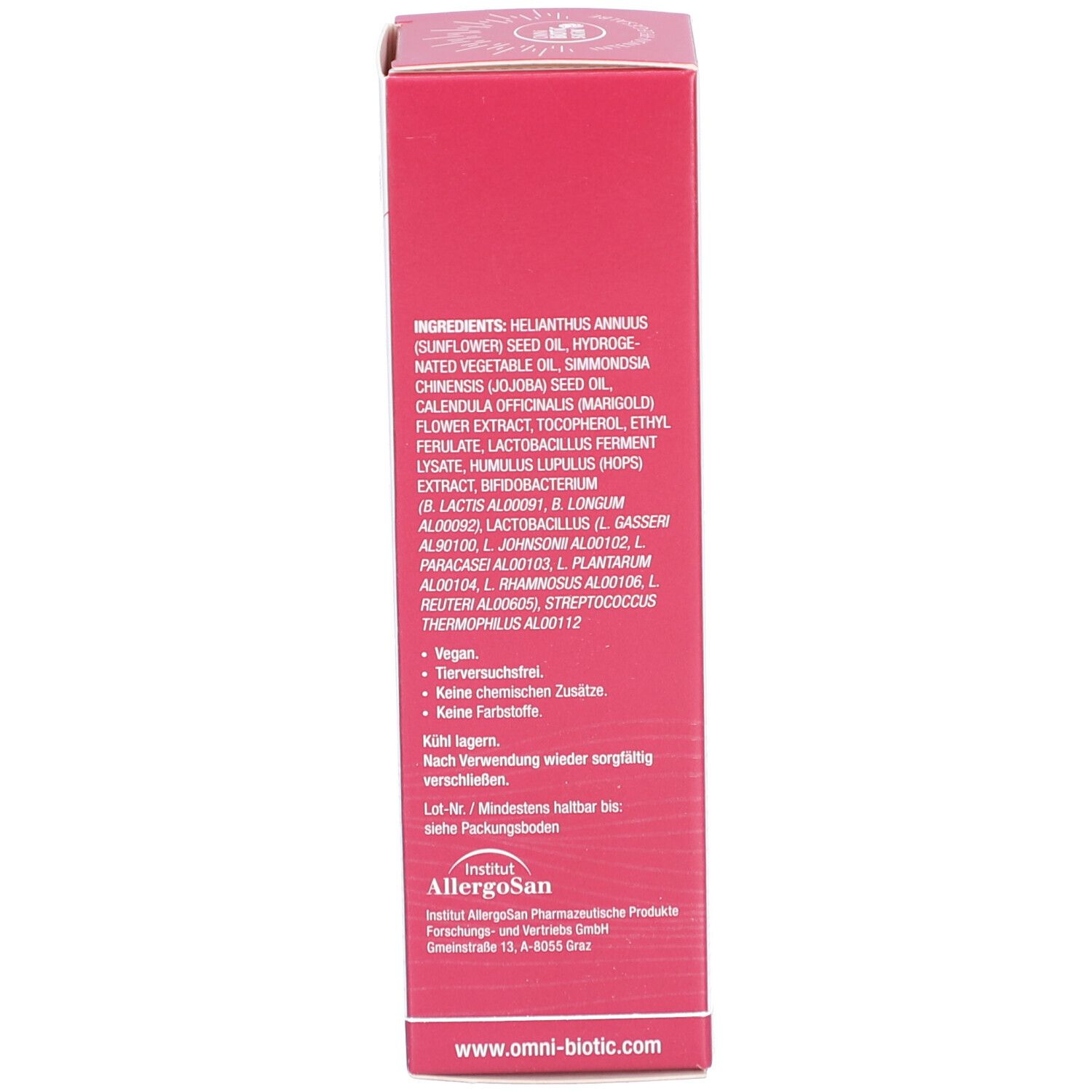 Verpackung. Text: Inhaltsstoffe, Hinweise, vegan, tierversuchsfrei. Logo: Allergosan.