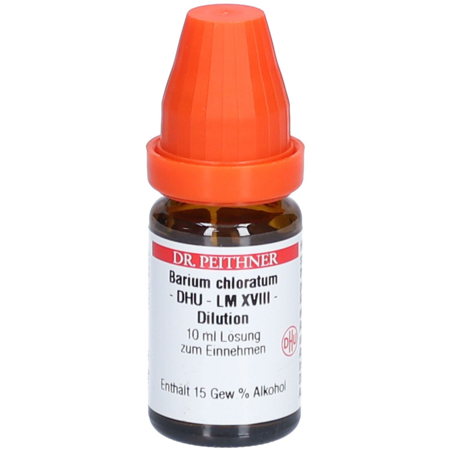 Braune Glasflasche mit orangefarbenem Verschluss. Etikett mit Produktinformationen: Barium chloratum, DHU, LM XVIII, 10 ml Lösung.