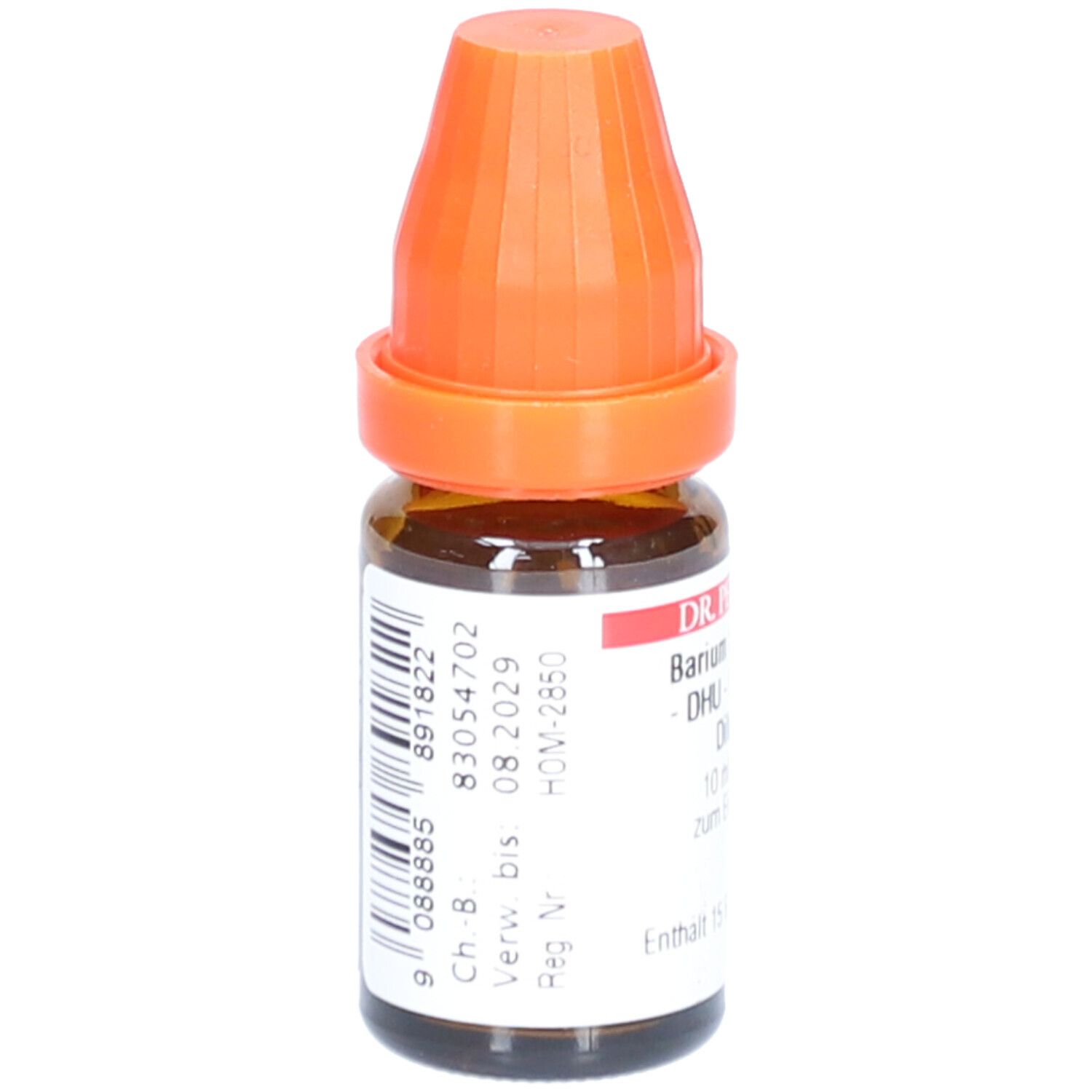Braune Glasflasche mit orangefarbenem Verschluss. Etikett mit Barcode und Produktinformationen: Barium chloratum, DHU, LM XVIII.