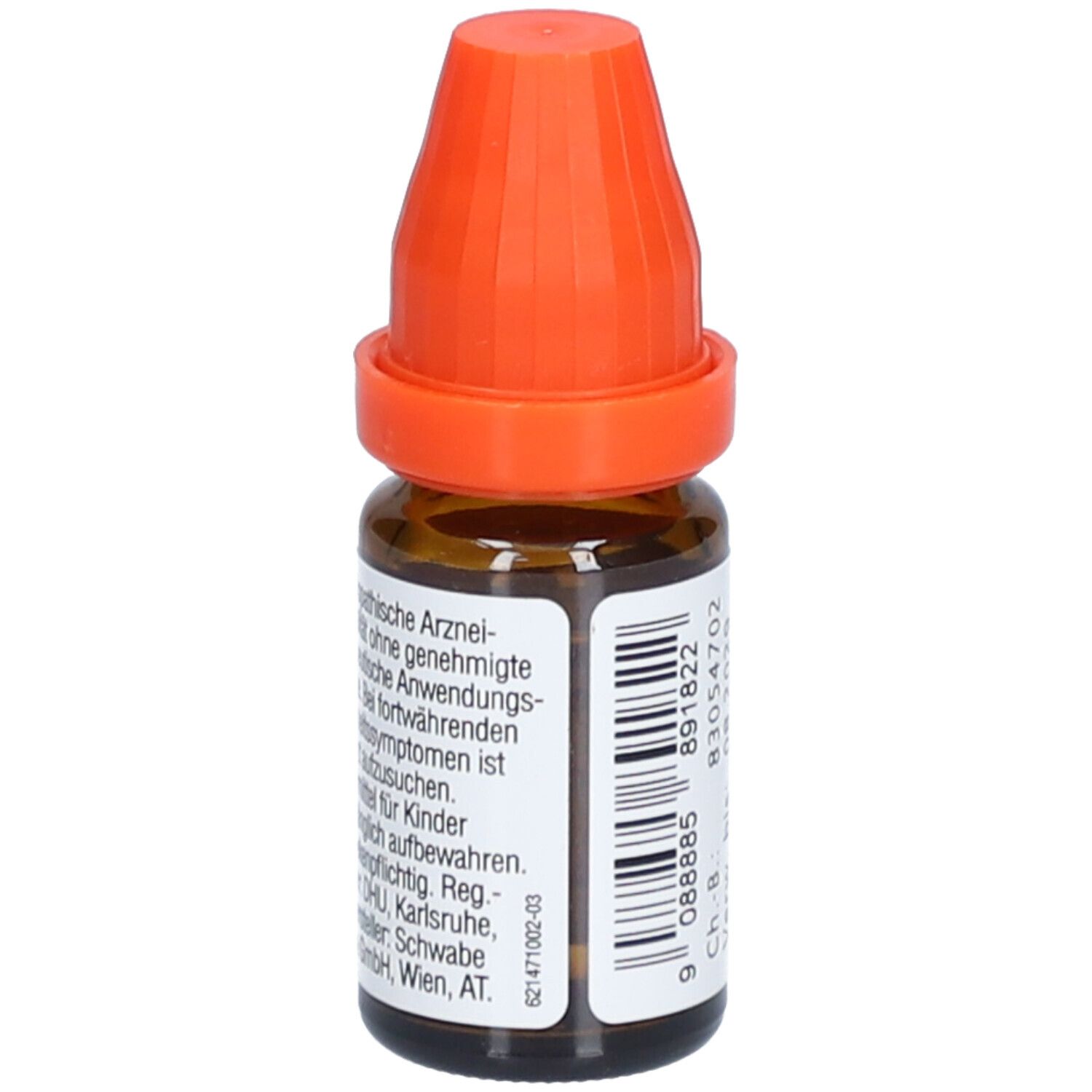 Braune Glasflasche mit orangefarbenem Verschluss. Etikett mit Produktinformationen und Barcode. Text: homöopathische Arzneimittel.