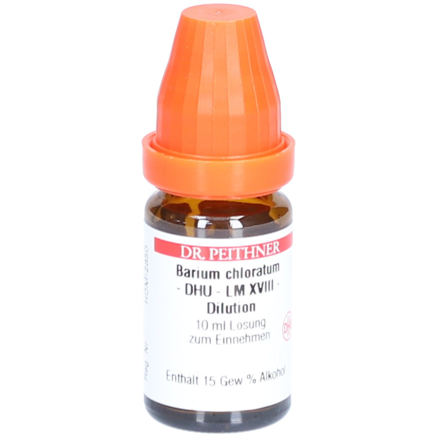 Braune Glasflasche mit orangefarbenem Verschluss. Etikett mit Produktinformationen: Barium chloratum, DHU, LM XVIII, 10 ml Lösung.