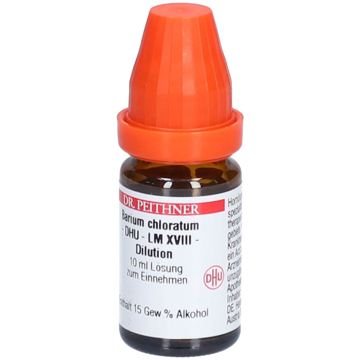 Braune Glasflasche mit orangefarbenem Verschluss. Etikett mit Produktinformationen: Barium chloratum, DHU, LM XVIII, 10 ml Lösung.