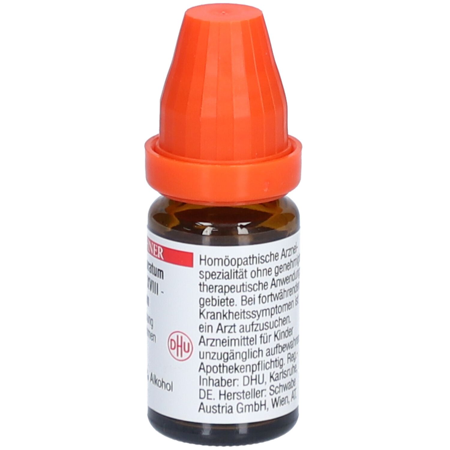 Braune Glasflasche mit orangefarbenem Verschluss. Etikett mit Produktinformationen und Text: homöopathische Arzneimittel.