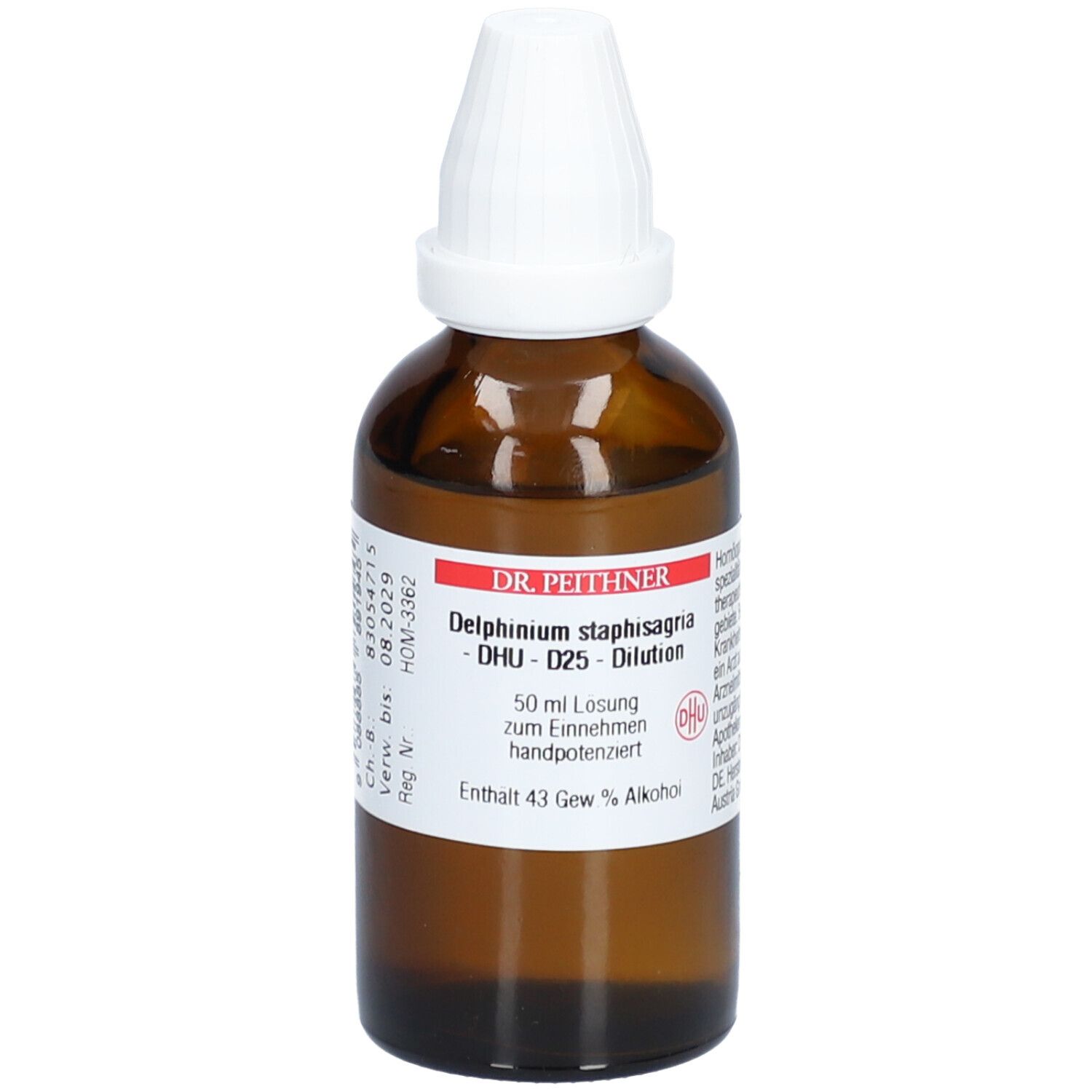 Braune Glasflasche mit weißem Verschluss. Etikett mit Produktinformationen: Delphinium staphisagria - DHU - D25 - Dilution.
