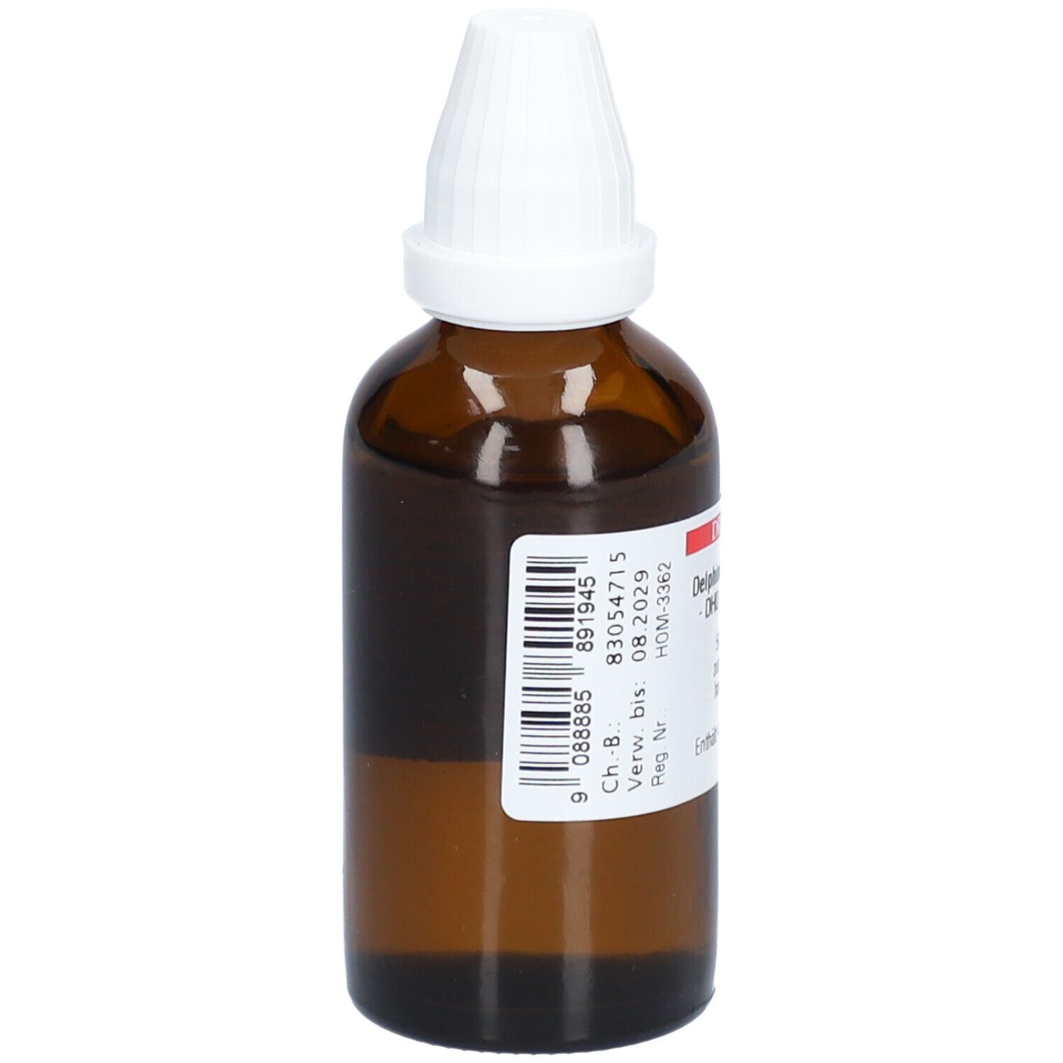 Braune Glasflasche mit weißem Verschluss. Etikett mit Barcode und Produktinformationen.