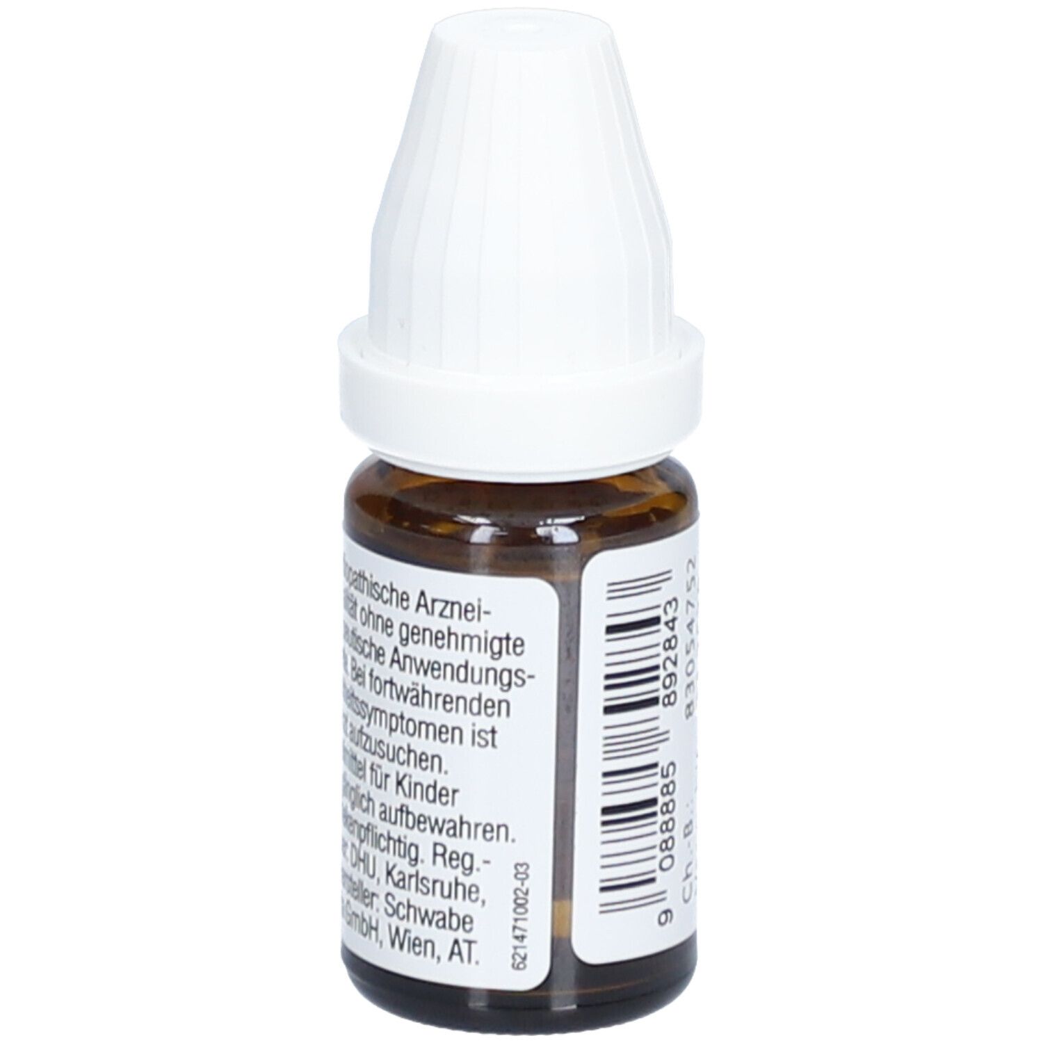 Braune Glasflasche mit weißem Verschluss. Etikett mit Produktinformationen und Barcode. Sichtbar: DR. PEITHNER, DHU-C5-Dilution.