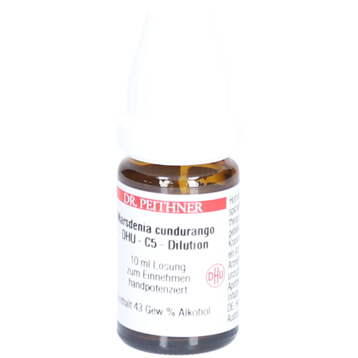 Braune Glasflasche mit weißem Verschluss. Etikett mit Produktinformationen. Sichtbar: DR. PEITHNER, DHU-C5-Dilution.
