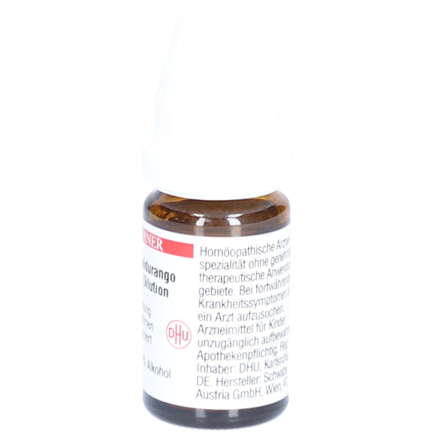 Braune Glasflasche mit weißem Verschluss. Etikett mit Produktinformationen. Sichtbar: DR. PEITHNER, DHU-C5-Dilution.