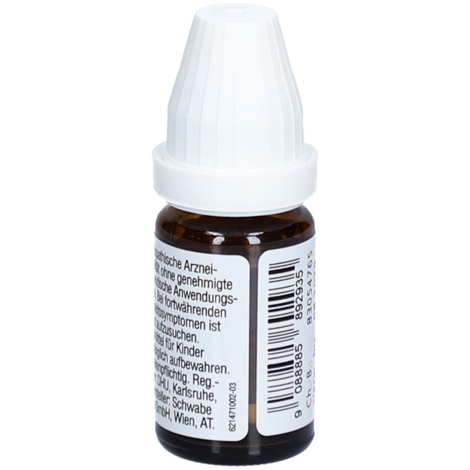 Braune Glasflasche mit weißem Deckel. Etikett mit Text: DR. PEITHNER, homöopathische Arzneimittel.
