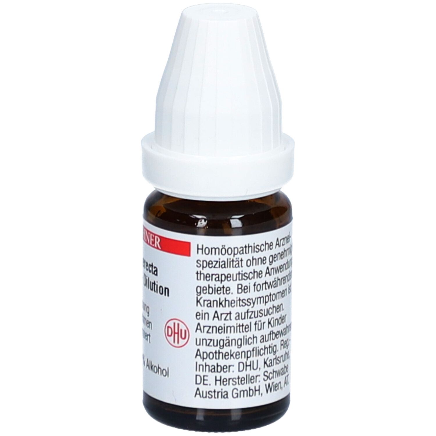 Braune Glasflasche mit weißem Deckel. Etikett mit Text: DR. PEITHNER, homöopathische Arzneimittel.