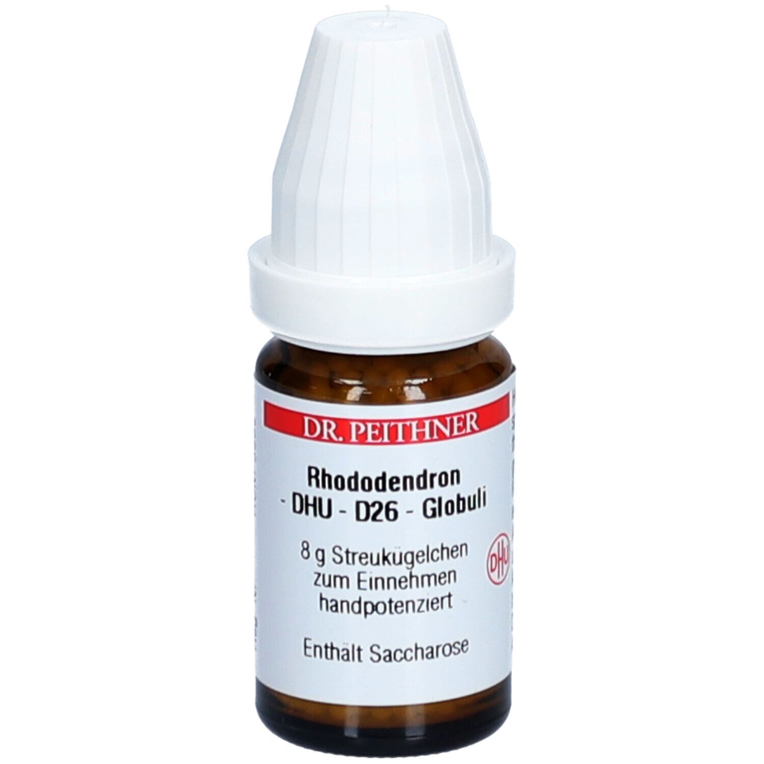 Braune Glasflasche mit weißem Deckel. Etikett mit Produktinformationen: Rhododendron D26 DHU Globuli, 8 g Streukügelchen.