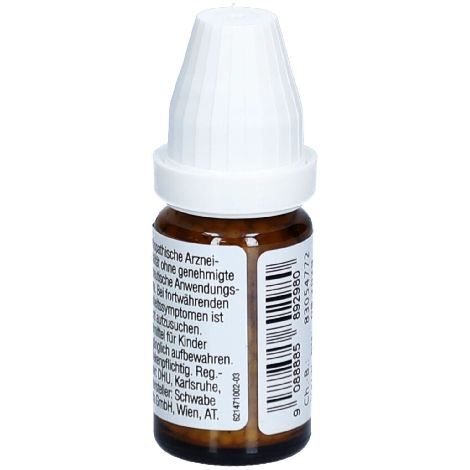 Braune Glasflasche mit weißem Deckel. Etikett mit Produktinformationen und Barcode. Enthält homöopathische Arzneimittel.