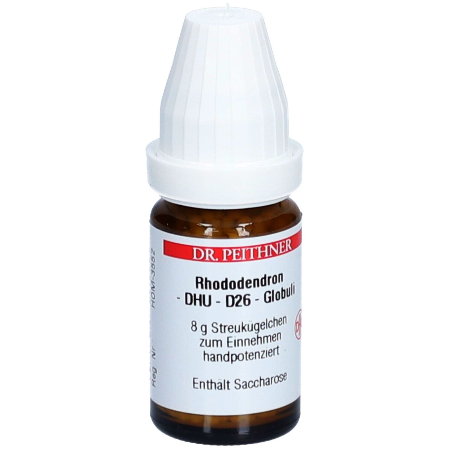 Braune Glasflasche mit weißem Deckel. Etikett mit Produktinformationen: Rhododendron D26 DHU Globuli, 8 g Streukügelchen.