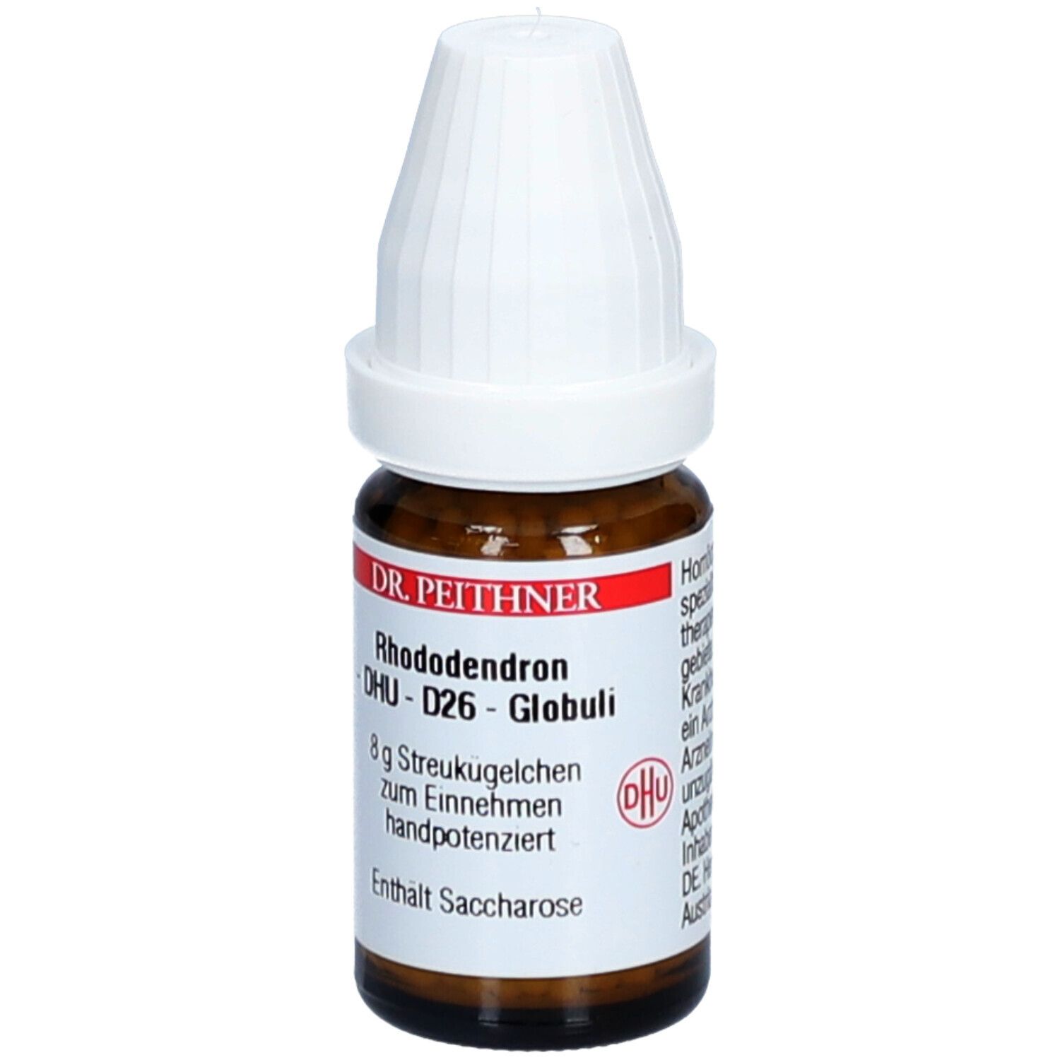 Braune Glasflasche mit weißem Deckel. Etikett mit Produktinformationen: Rhododendron D26 DHU Globuli, 8 g Streukügelchen.