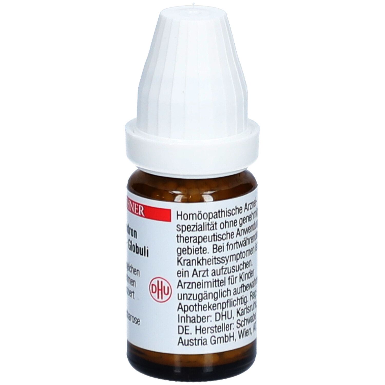 Braune Glasflasche mit weißem Deckel. Etikett mit Produktinformationen und DHU-Logo. Enthält homöopathische Arzneimittel.