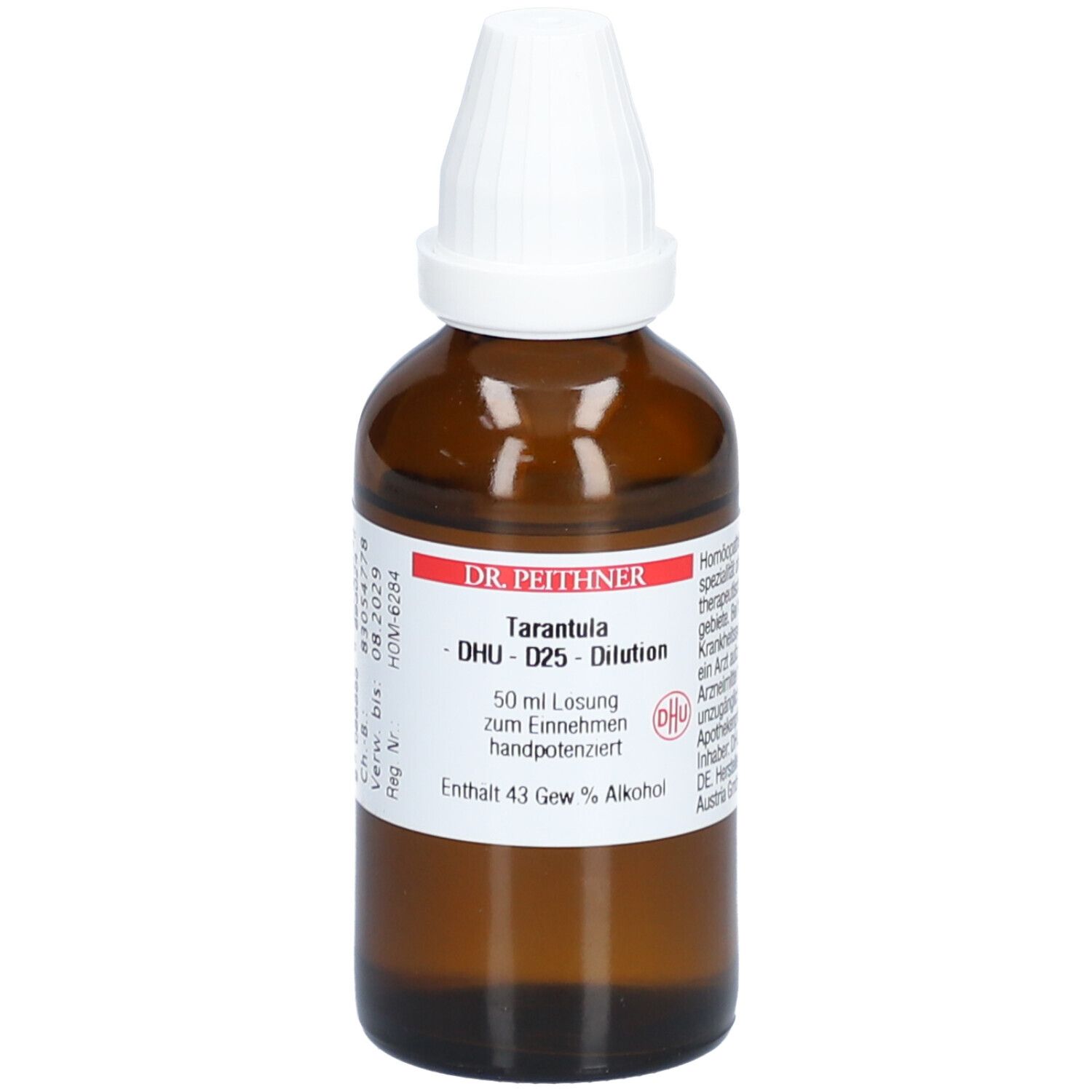 Braune Glasflasche mit weißem Schraubverschluss. Etikett mit Produktnamen, Inhaltsangabe und Herstellerinformationen.