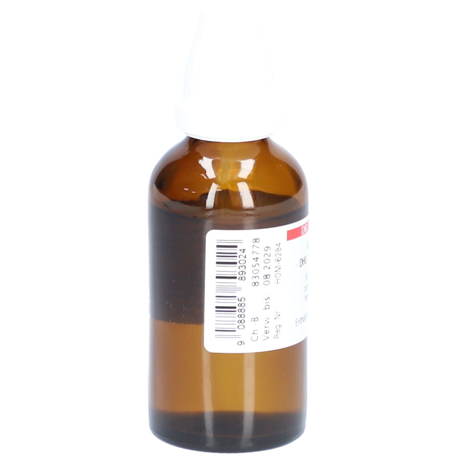 Braune Glasflasche mit weißem Verschluss. Etikett mit Barcode und Herstellerinformationen.